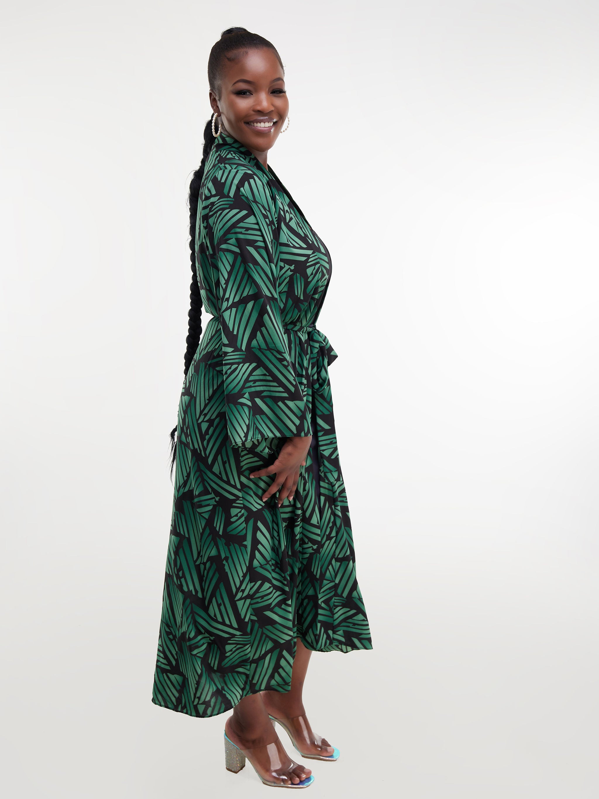 Safari Maisha Long Sleeved Kimono - Black / Green Print