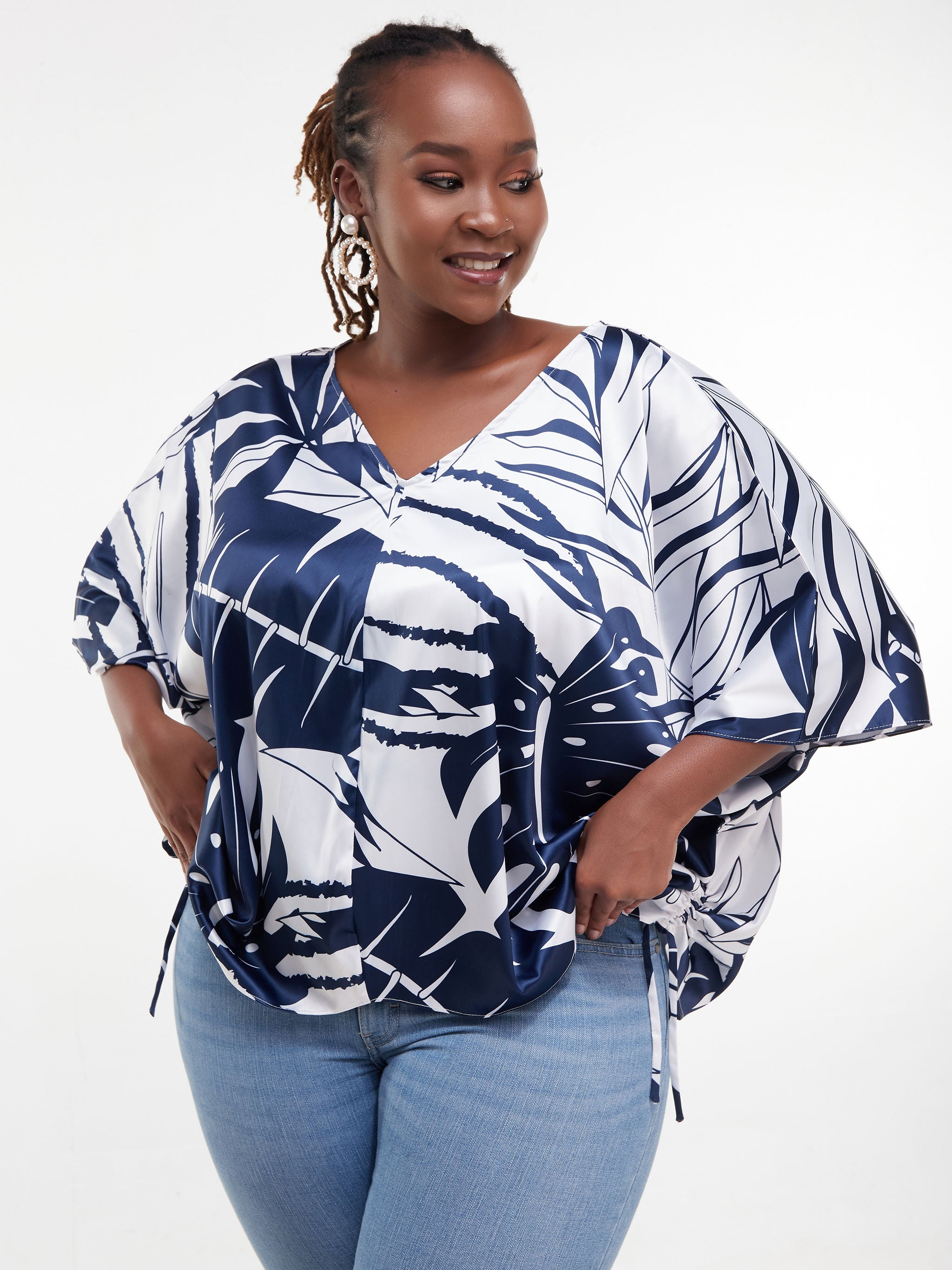 Vivo Lani Satin Scarf With Side Drawstring - Blue Print