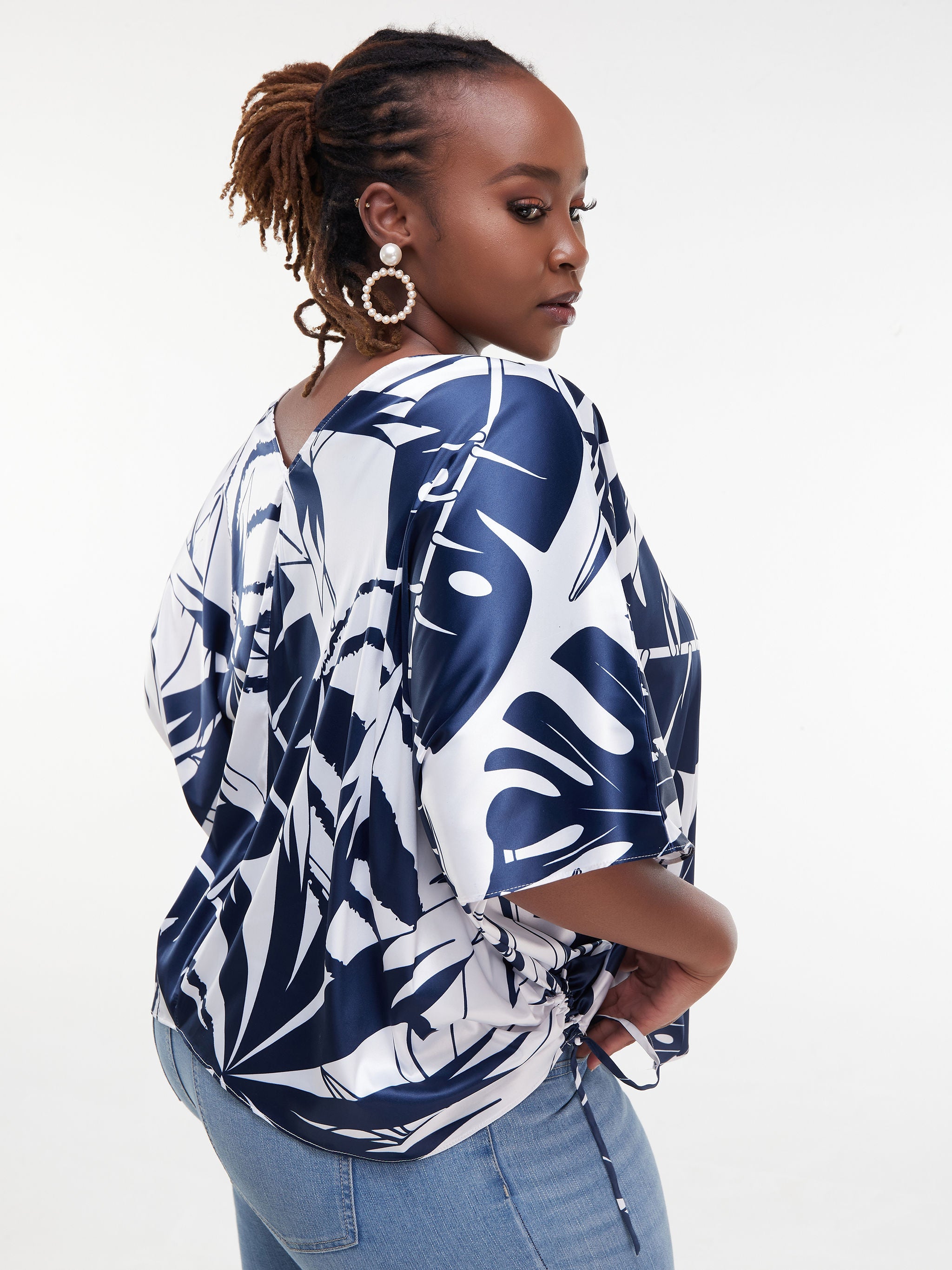 Vivo Lani Satin Scarf With Side Drawstring - Blue Print
