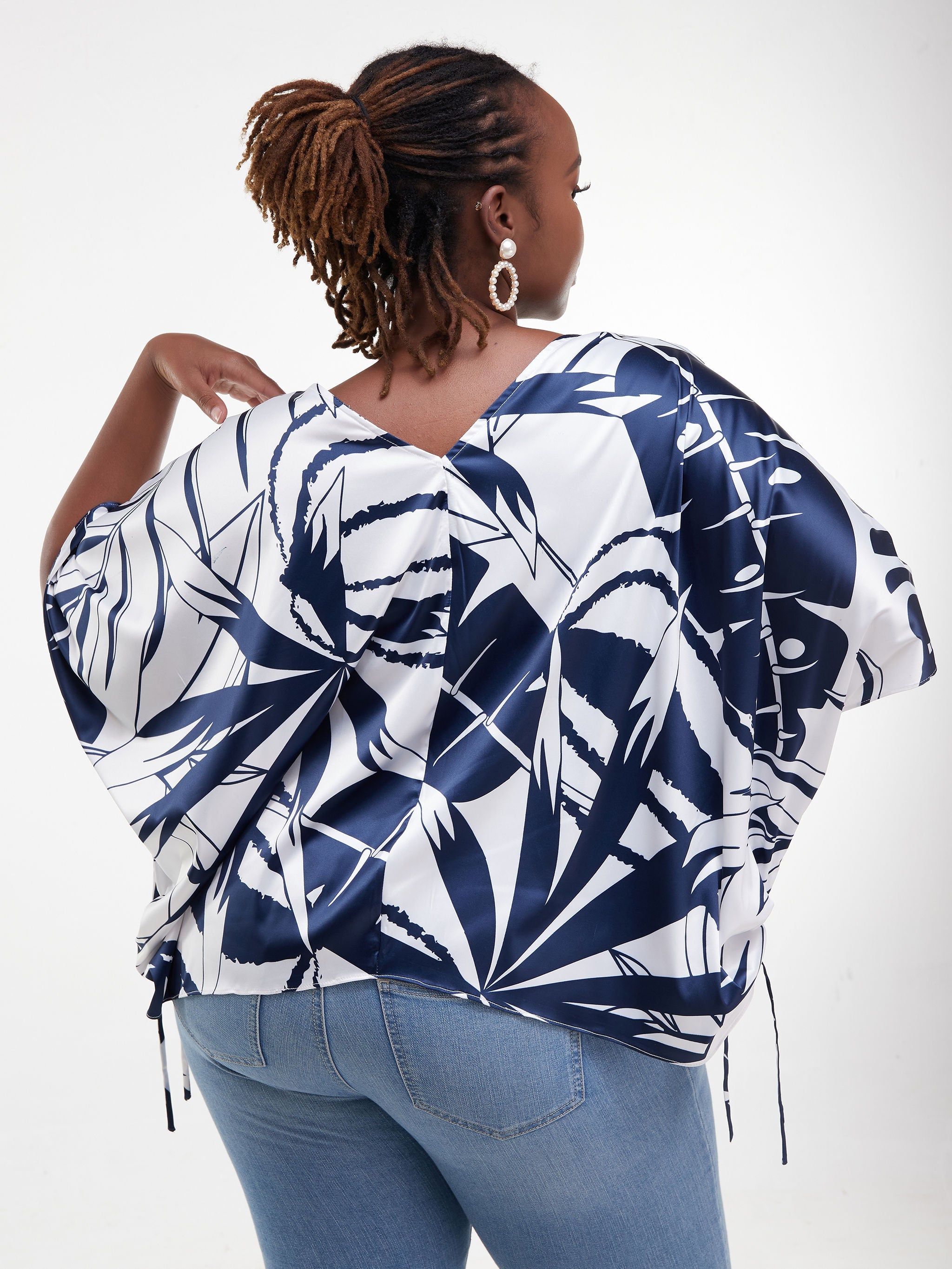 Vivo Lani Satin Scarf With Side Drawstring - Blue Print