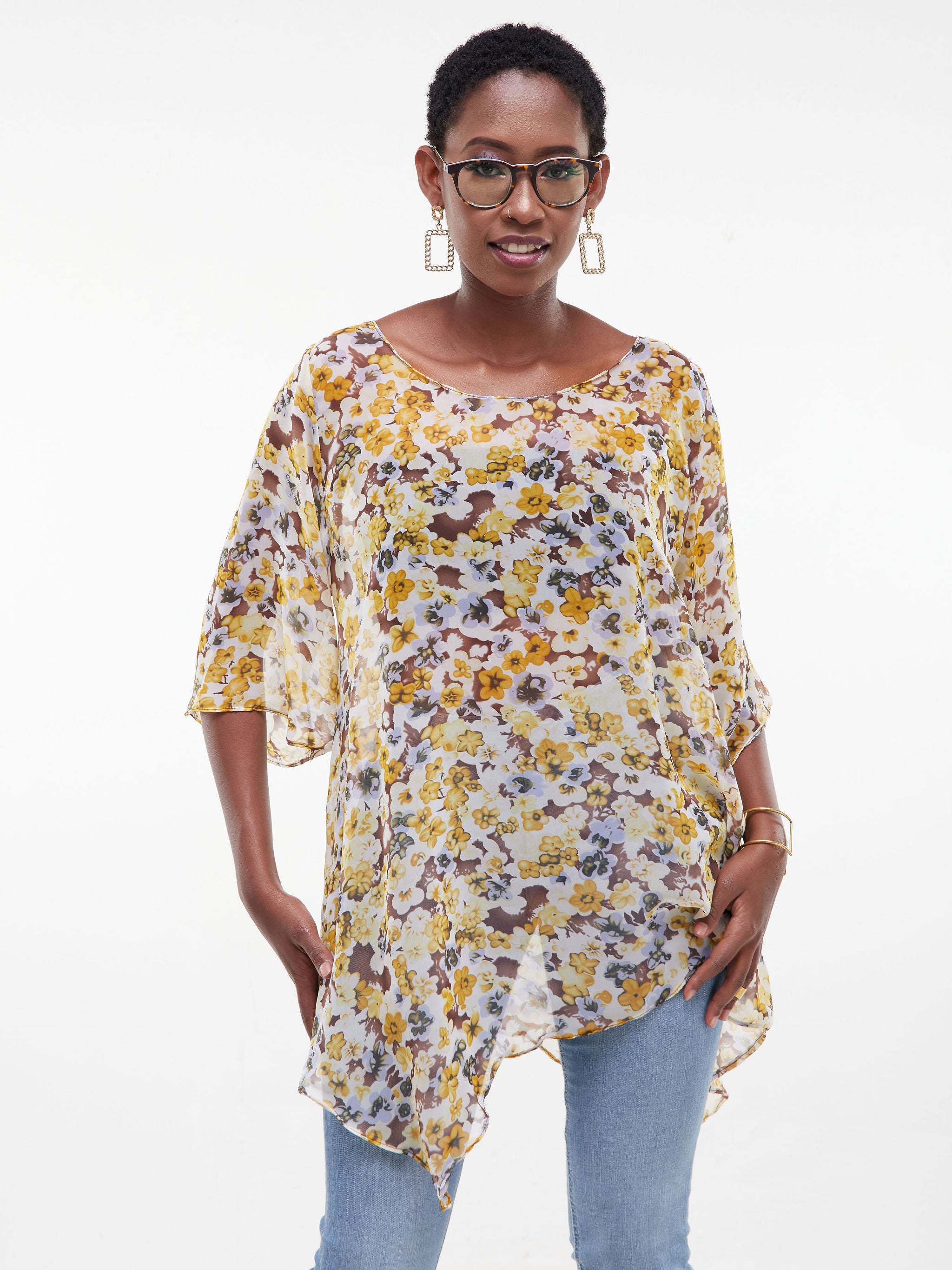 Vivo Sana Asymmetrical Angel Sleeve Top - Mustard / Brown Print