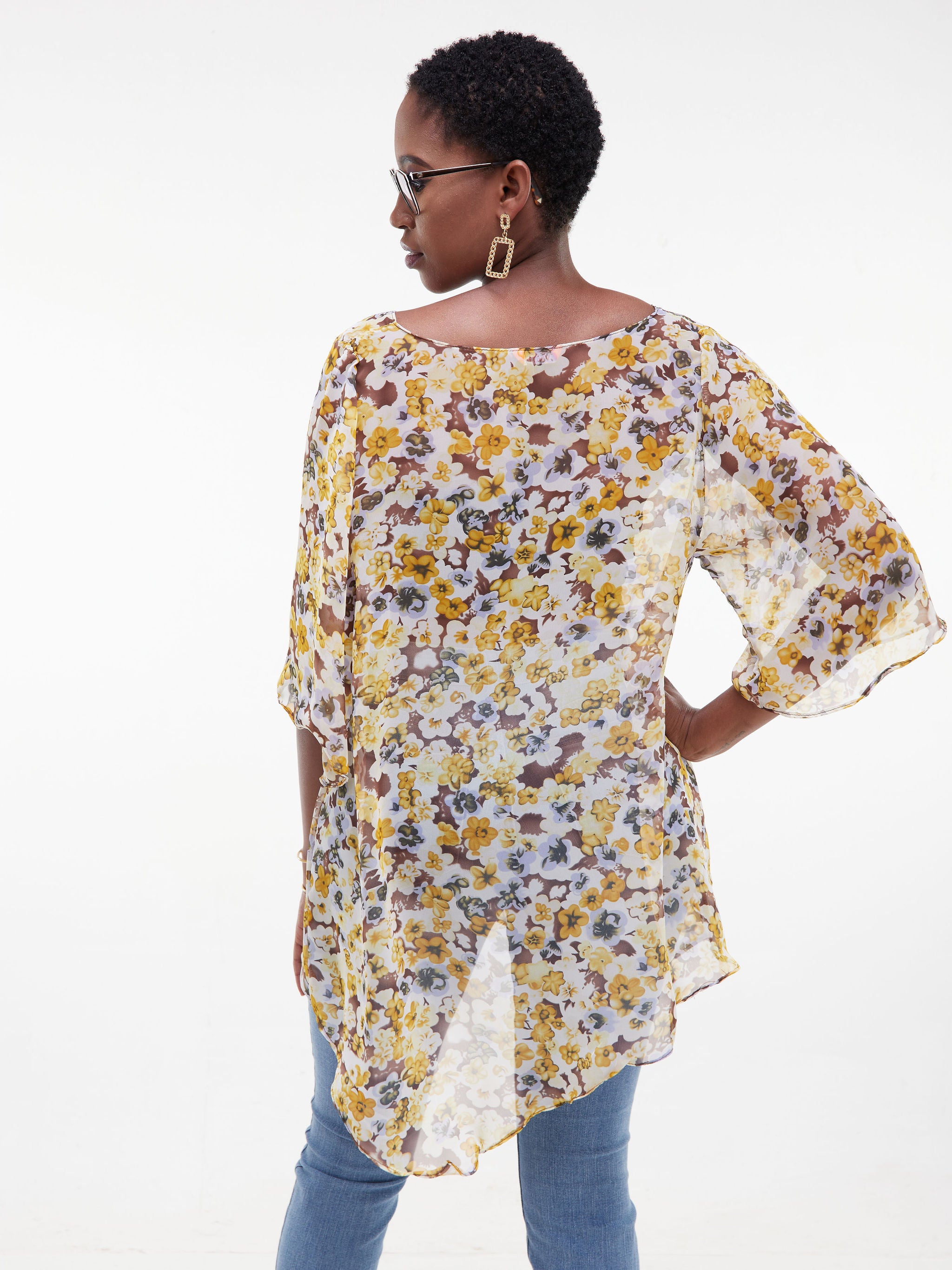 Vivo Sana Asymmetrical Angel Sleeve Top - Mustard / Brown Print