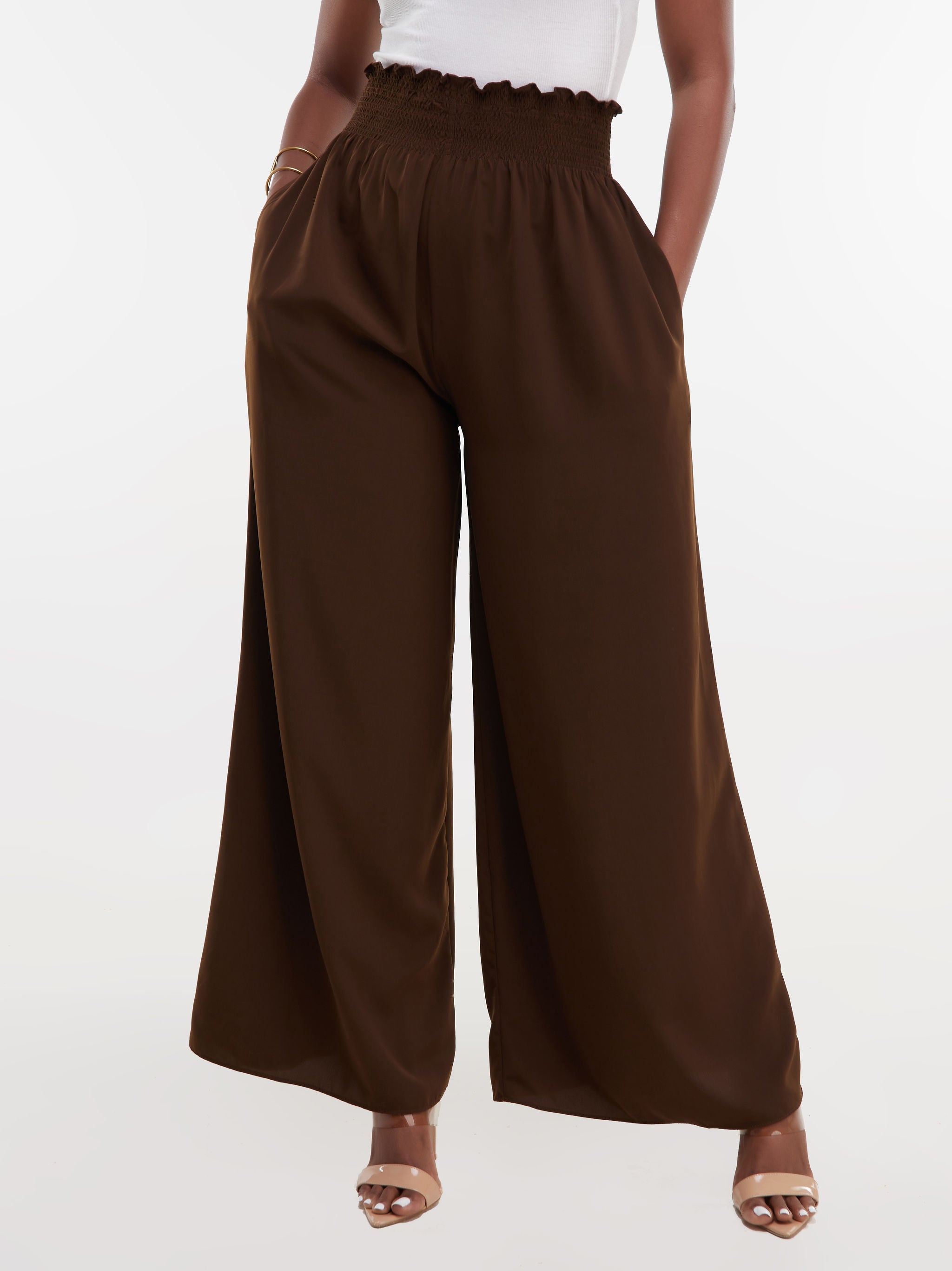 Safari Naima Shirred Waist Wide Leg Pants - Chocolate Brown