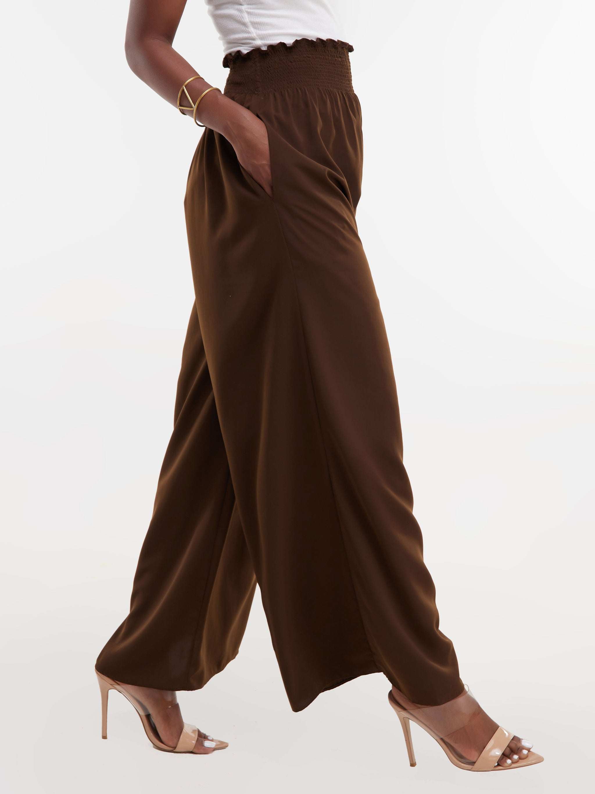 Safari Naima Shirred Waist Wide Leg Pants - Chocolate Brown