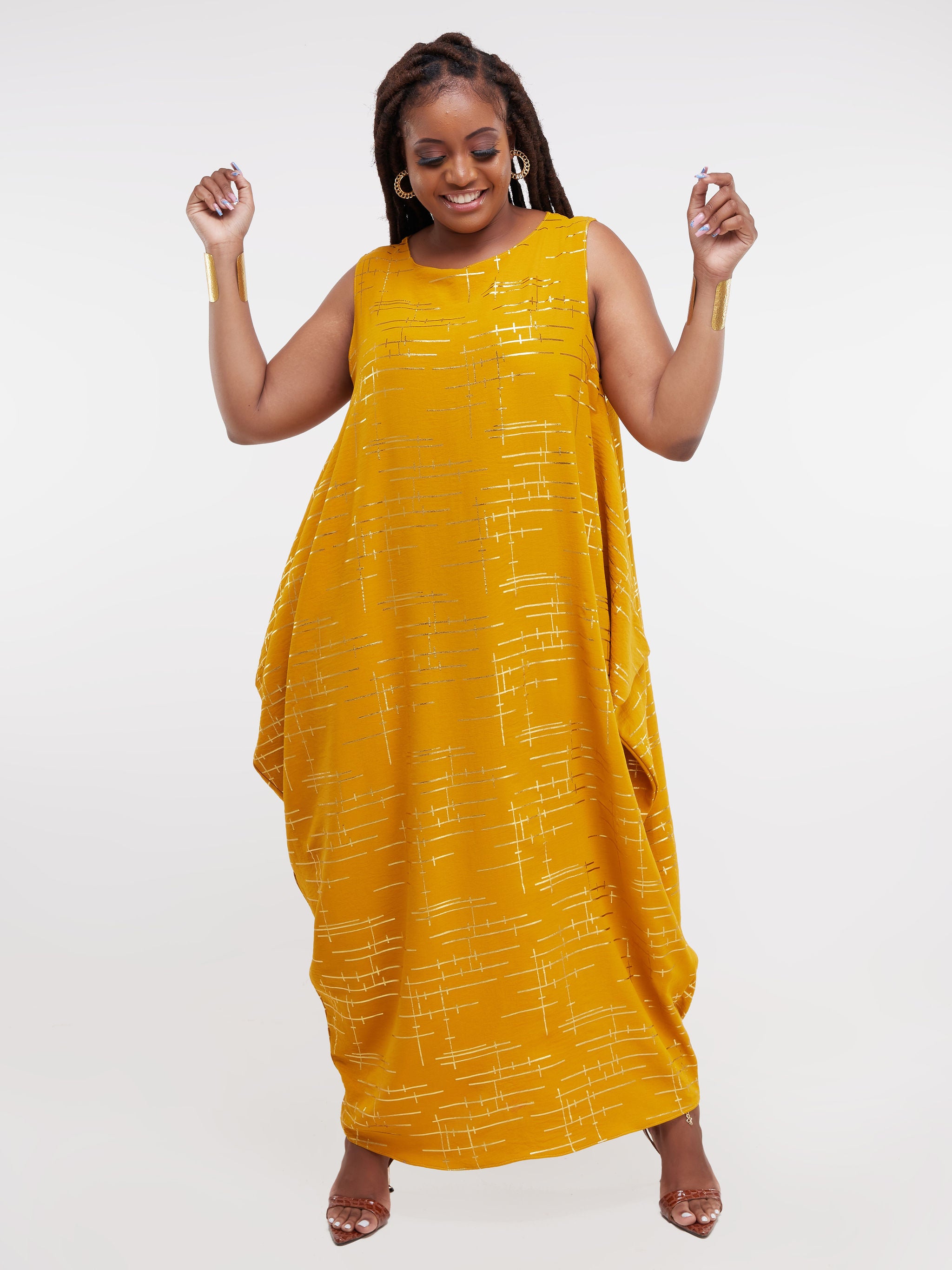 Vivo Hera Side Cowl Dress - Mustard Print