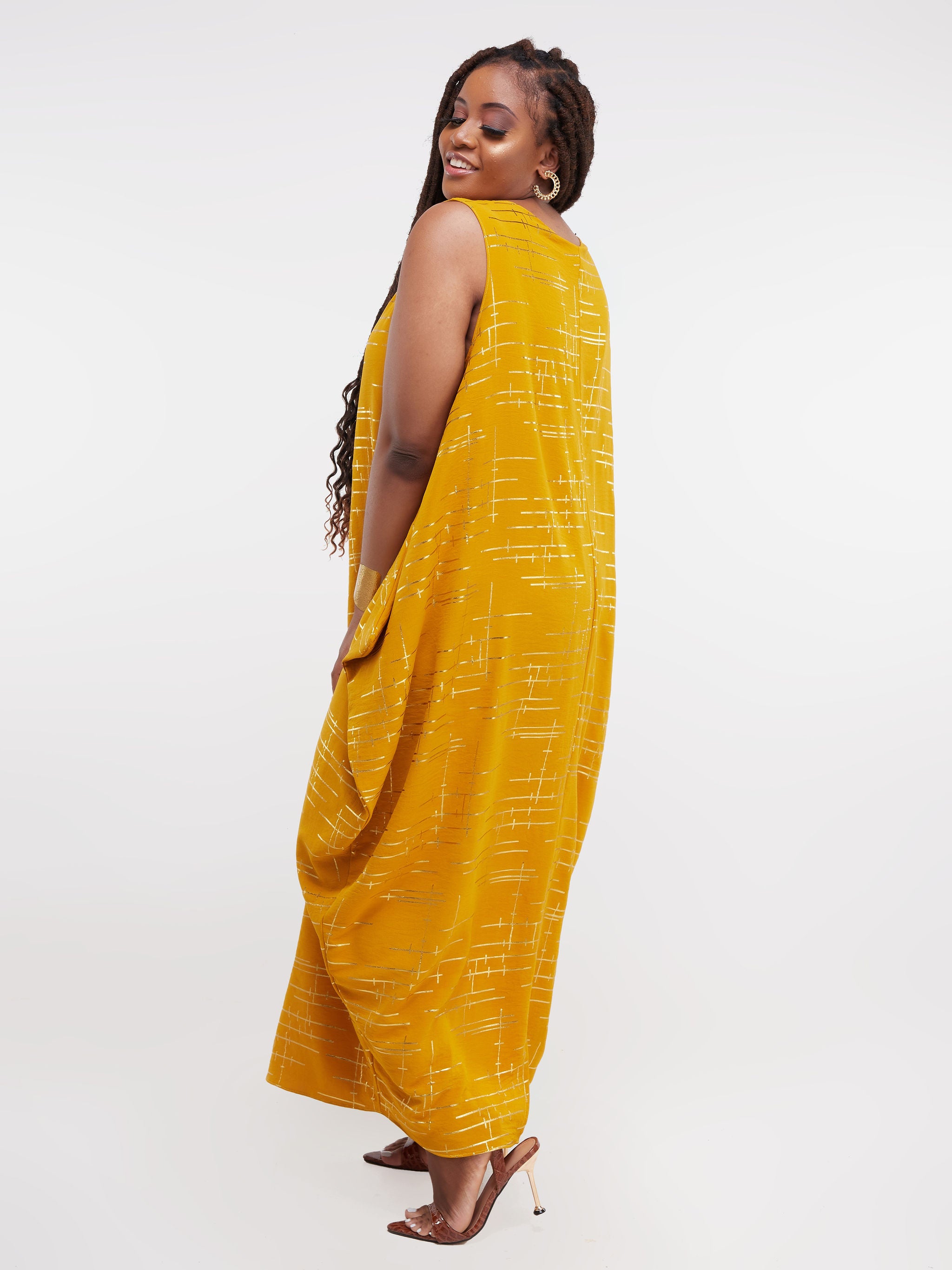 Vivo Hera Side Cowl Dress - Mustard Print