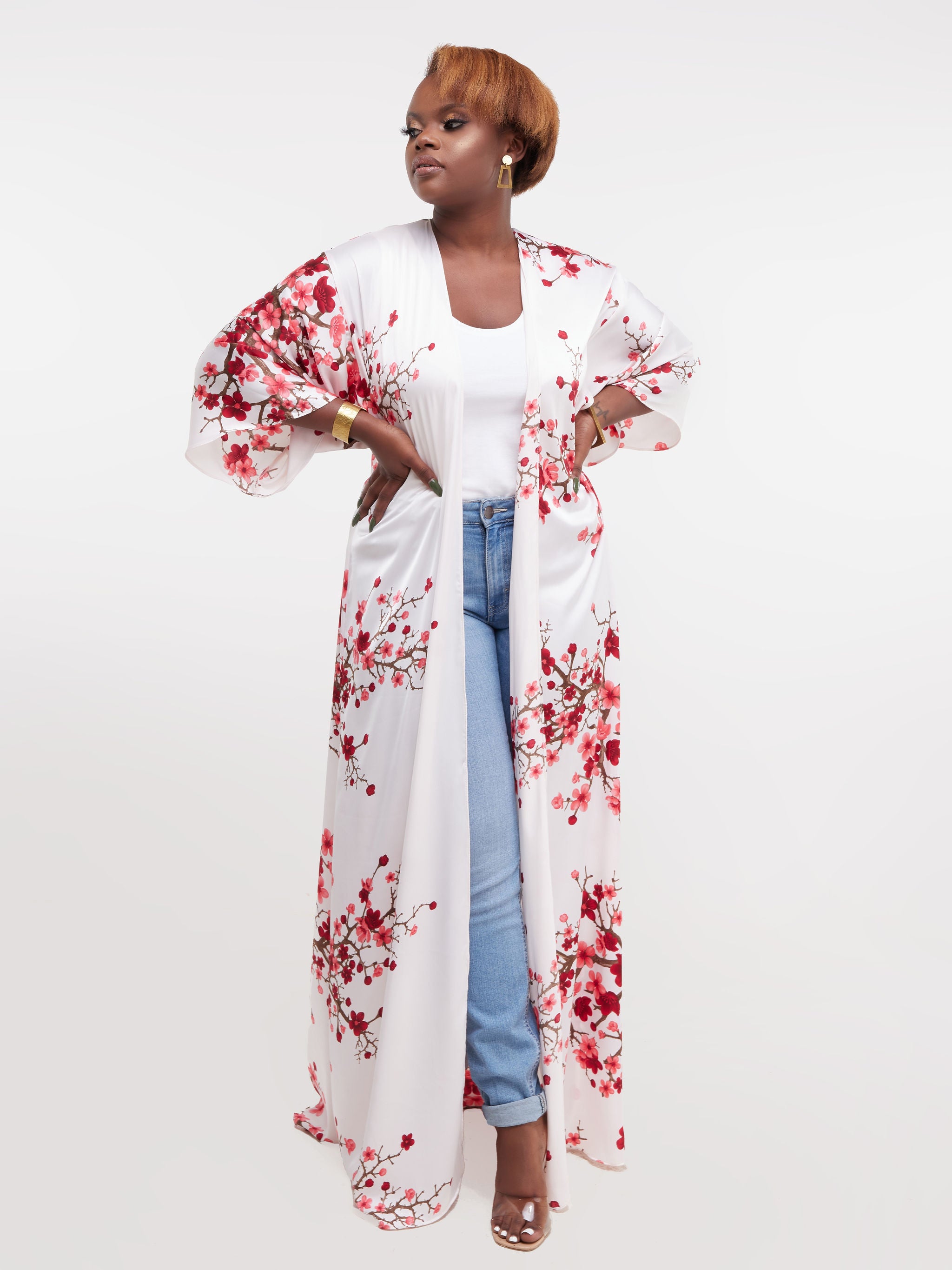 Vivo Nandi 3/4 Sleeve A-Line Maxi Kimono - Cherry Blossom Print