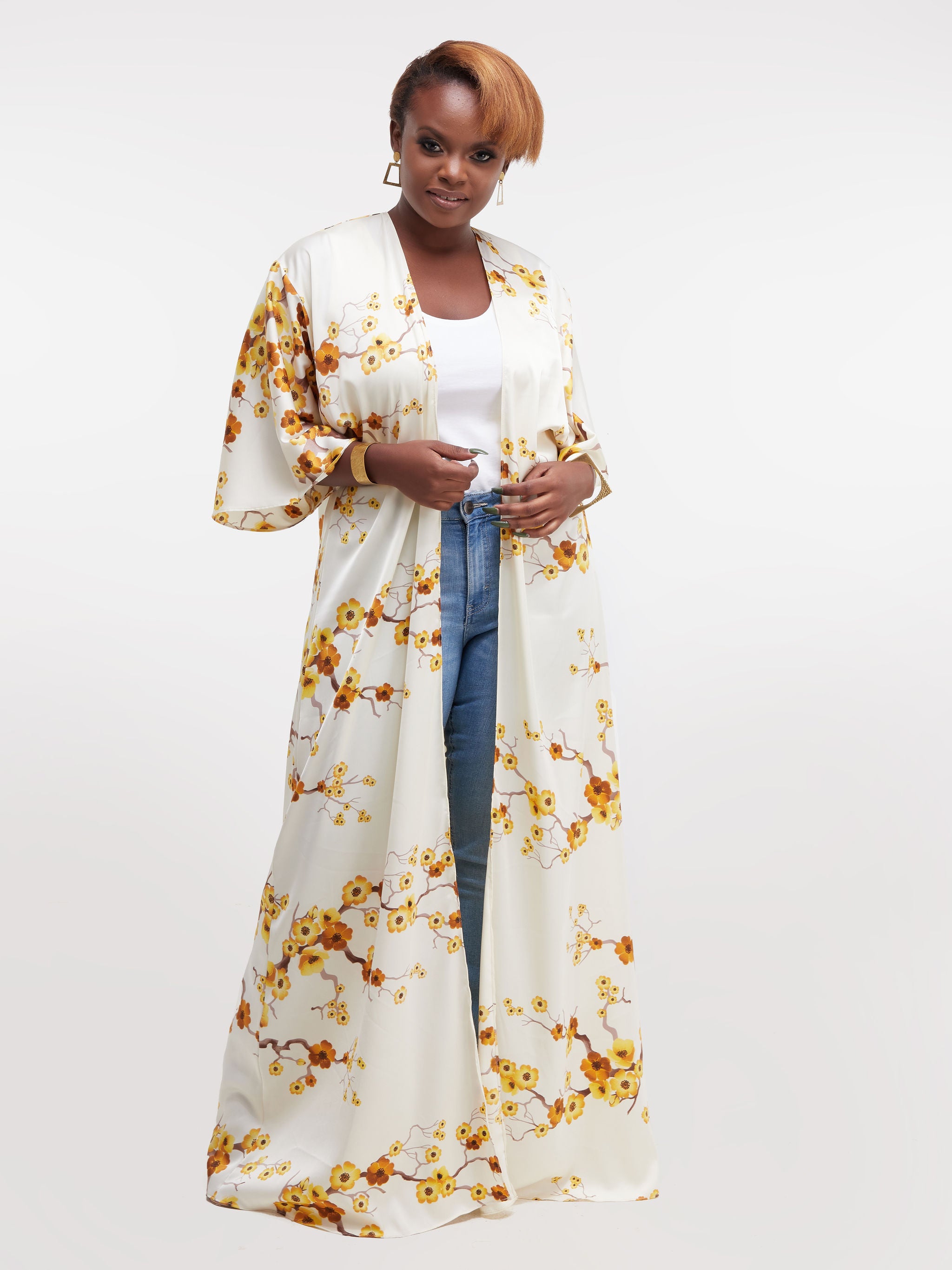 Vivo Nandi 3/4 Sleeve A-Line Maxi Kimono - Mustard Floral Print