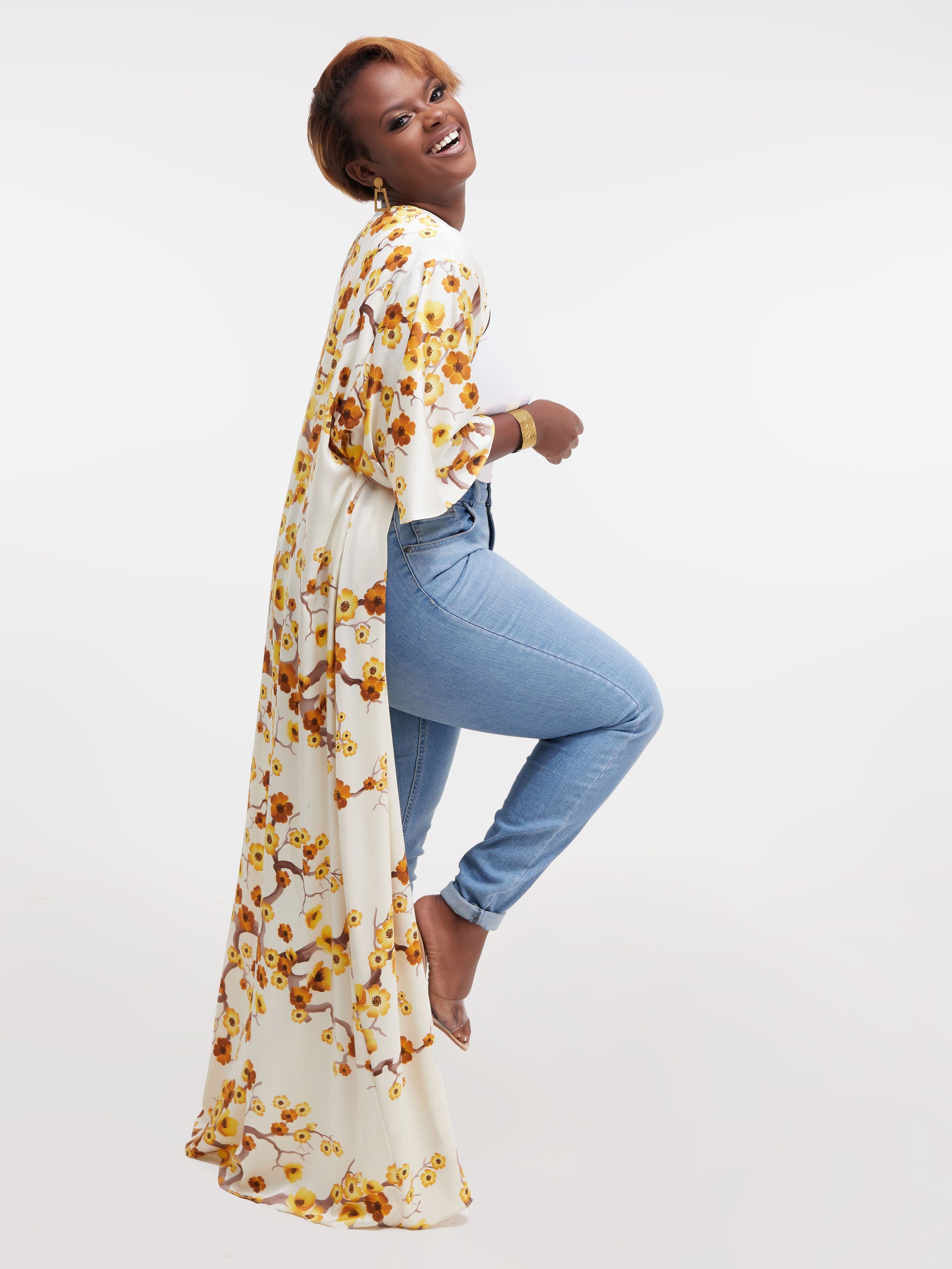 Vivo Nandi 3/4 Sleeve A-Line Maxi Kimono - Mustard Floral Print