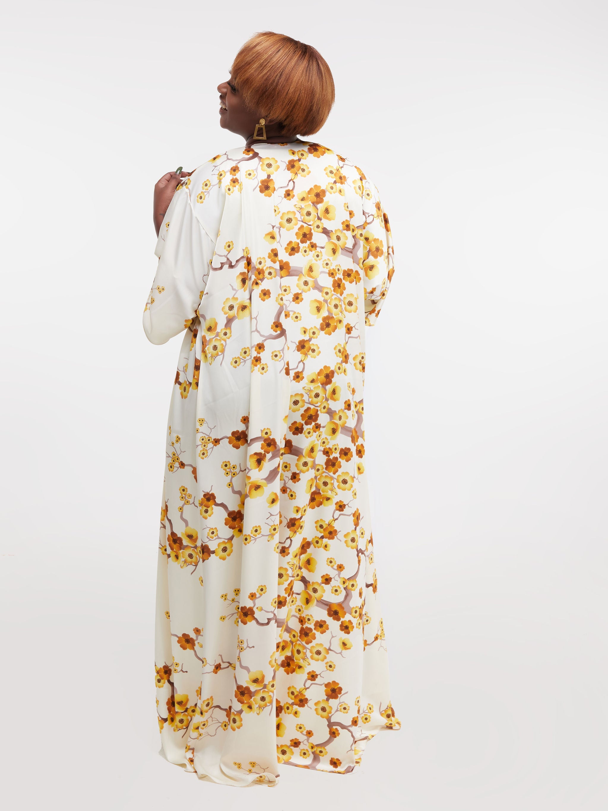 Vivo Nandi 3/4 Sleeve A-Line Maxi Kimono - Mustard Floral Print