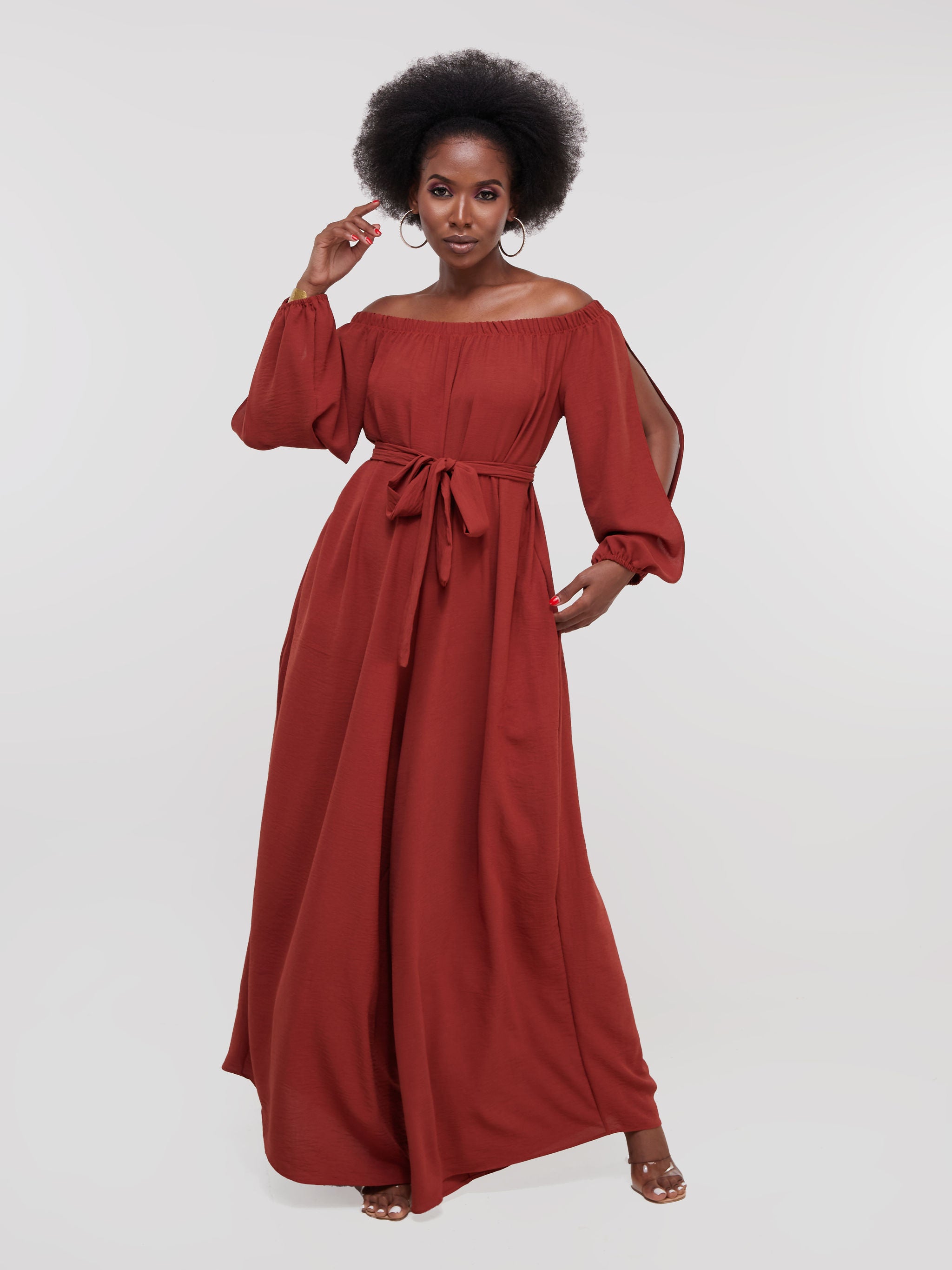Vivo Dayo Off Shoulder Split Sleeve Jumpsuit - Brown