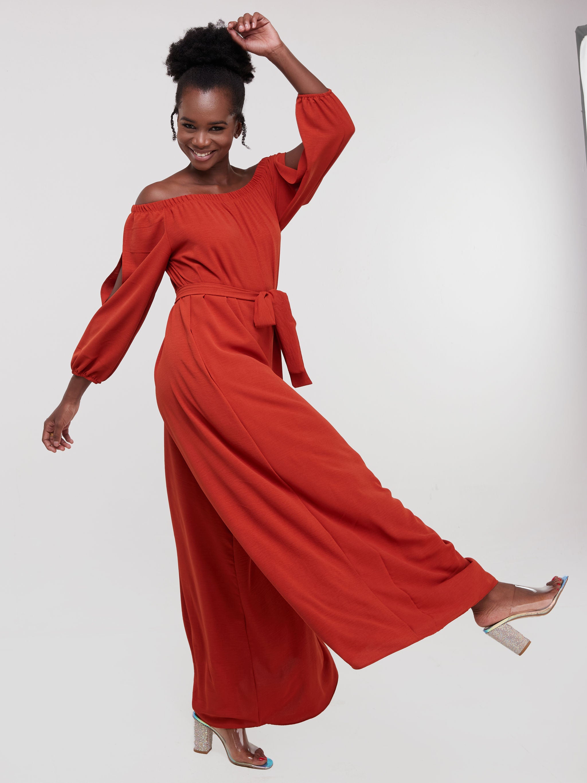 Vivo Dayo Off Shoulder Split Sleeve Jumpsuit - Brown