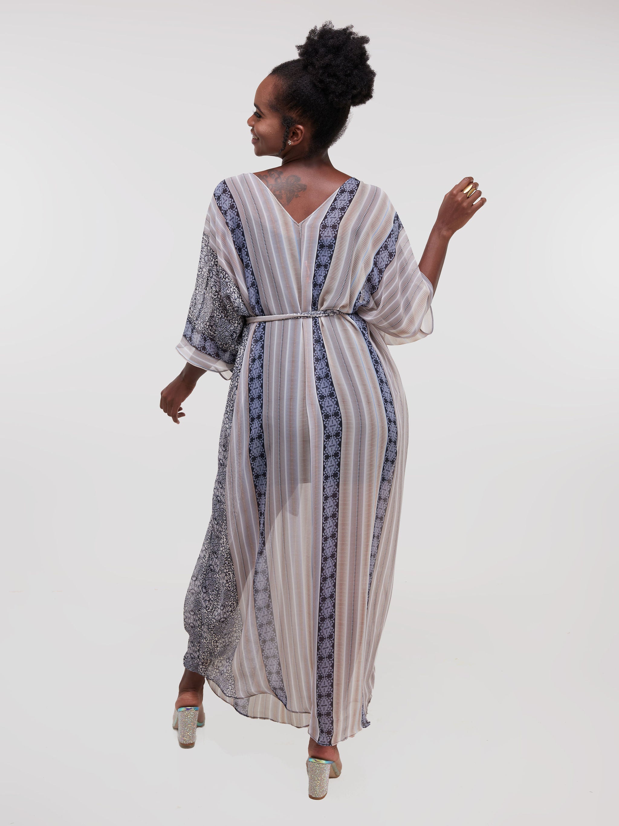 Vivo Sana Dolman Maxi Dress - Taupe / Light Blue Print