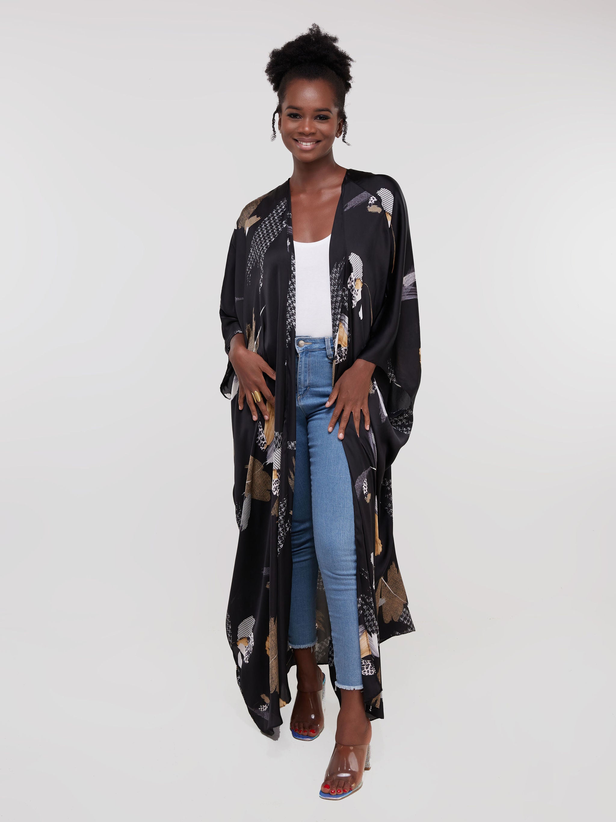 Vivo Muna Satin Kimono - Black / Taupe Print