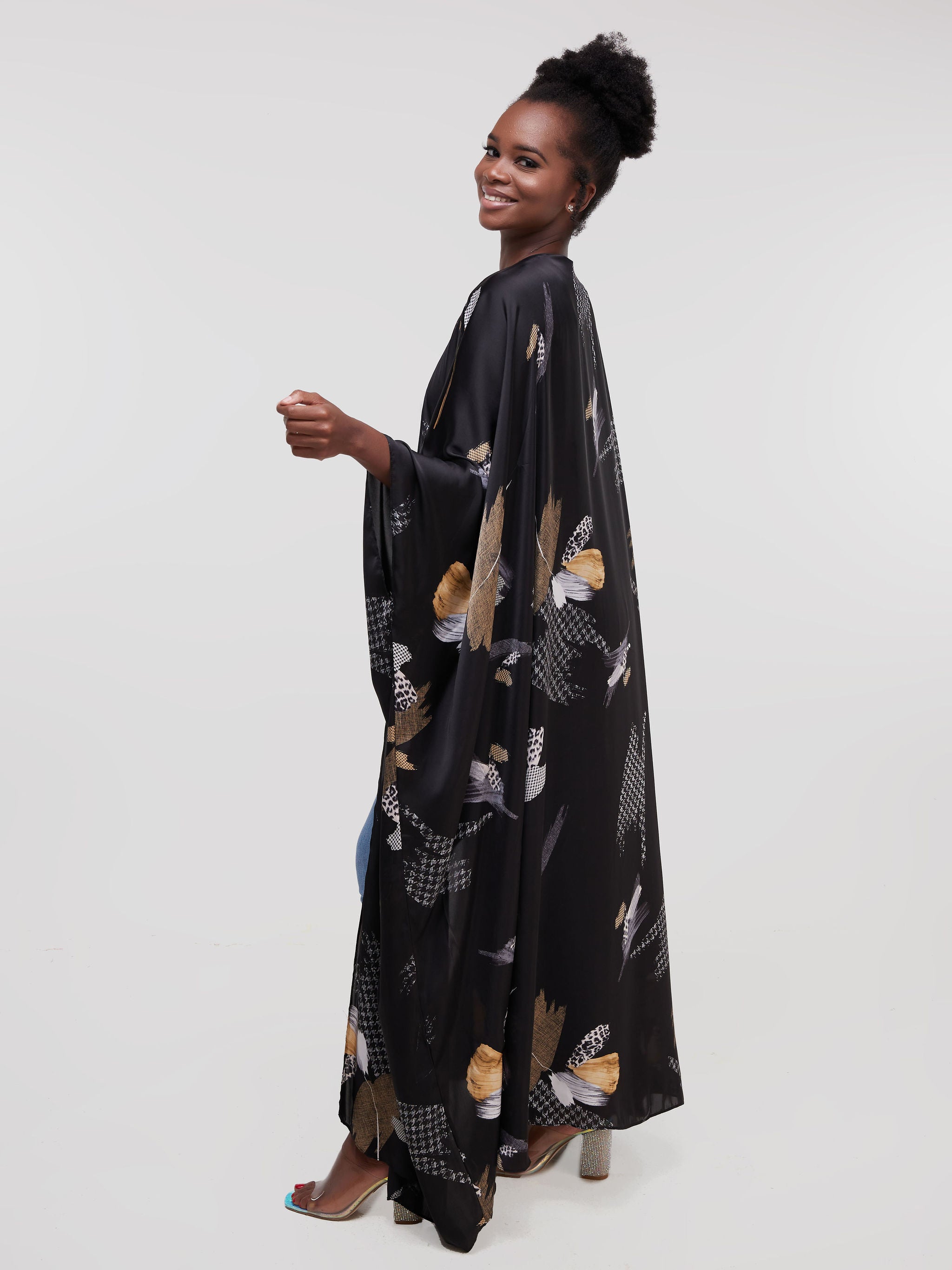 Vivo Muna Satin Kimono - Black / Taupe Print