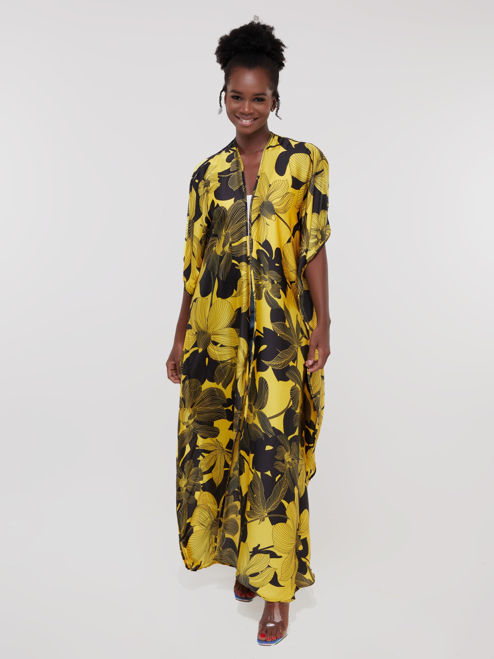 Vivo Diani Satin Maxi Kimono - Black / Yellow Print