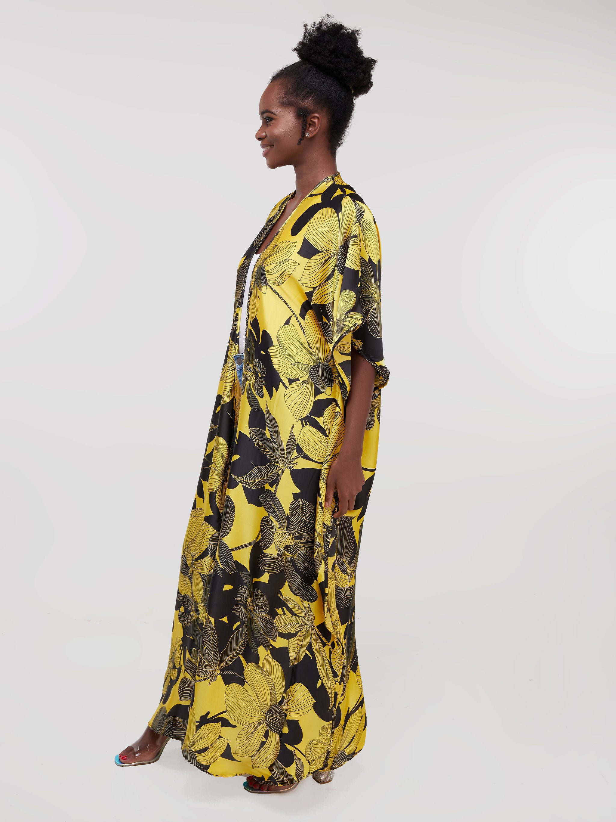 Vivo Diani Satin Maxi Kimono - Black / Yellow Print