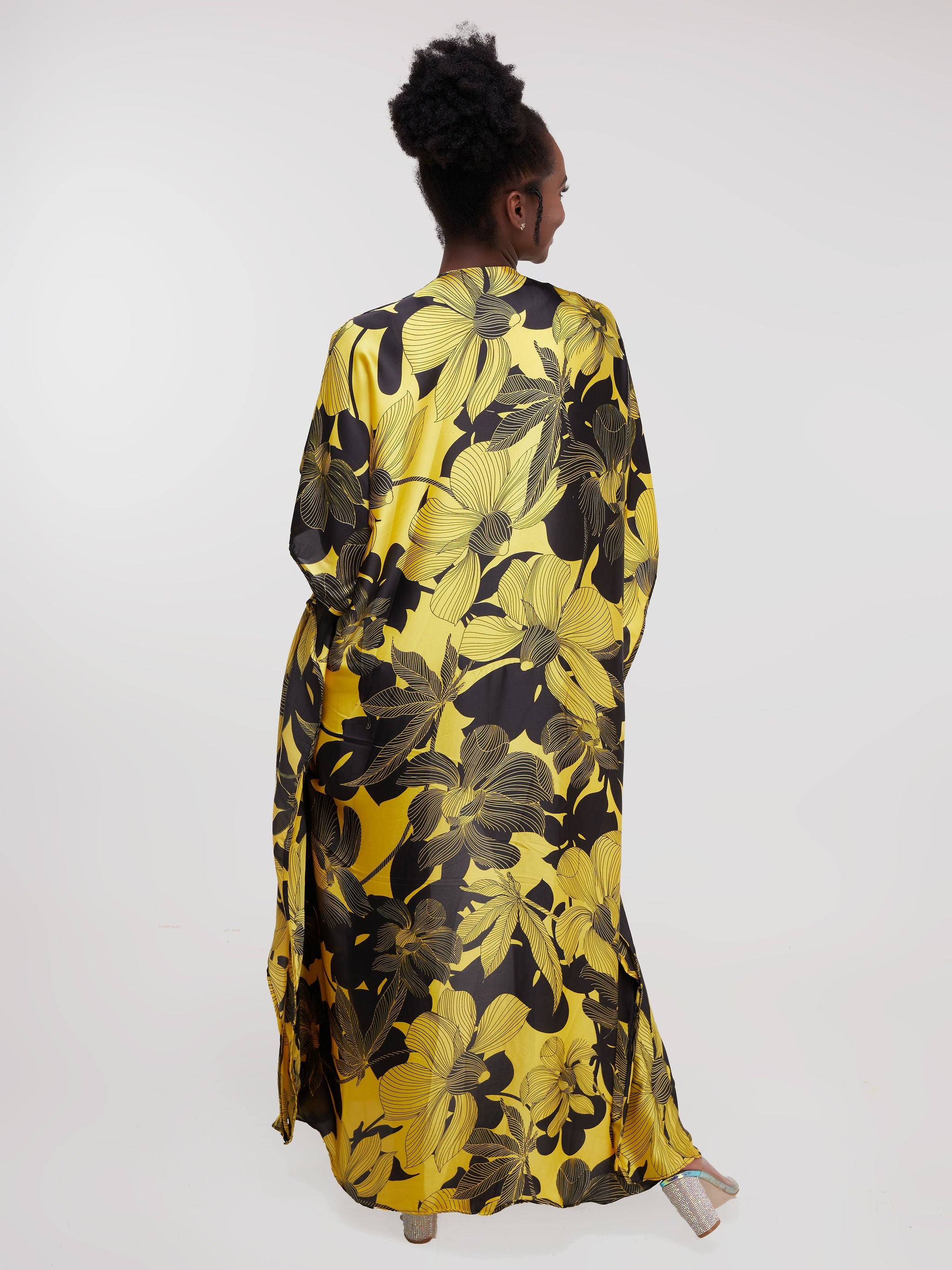 Vivo Diani Satin Maxi Kimono - Black / Yellow Print
