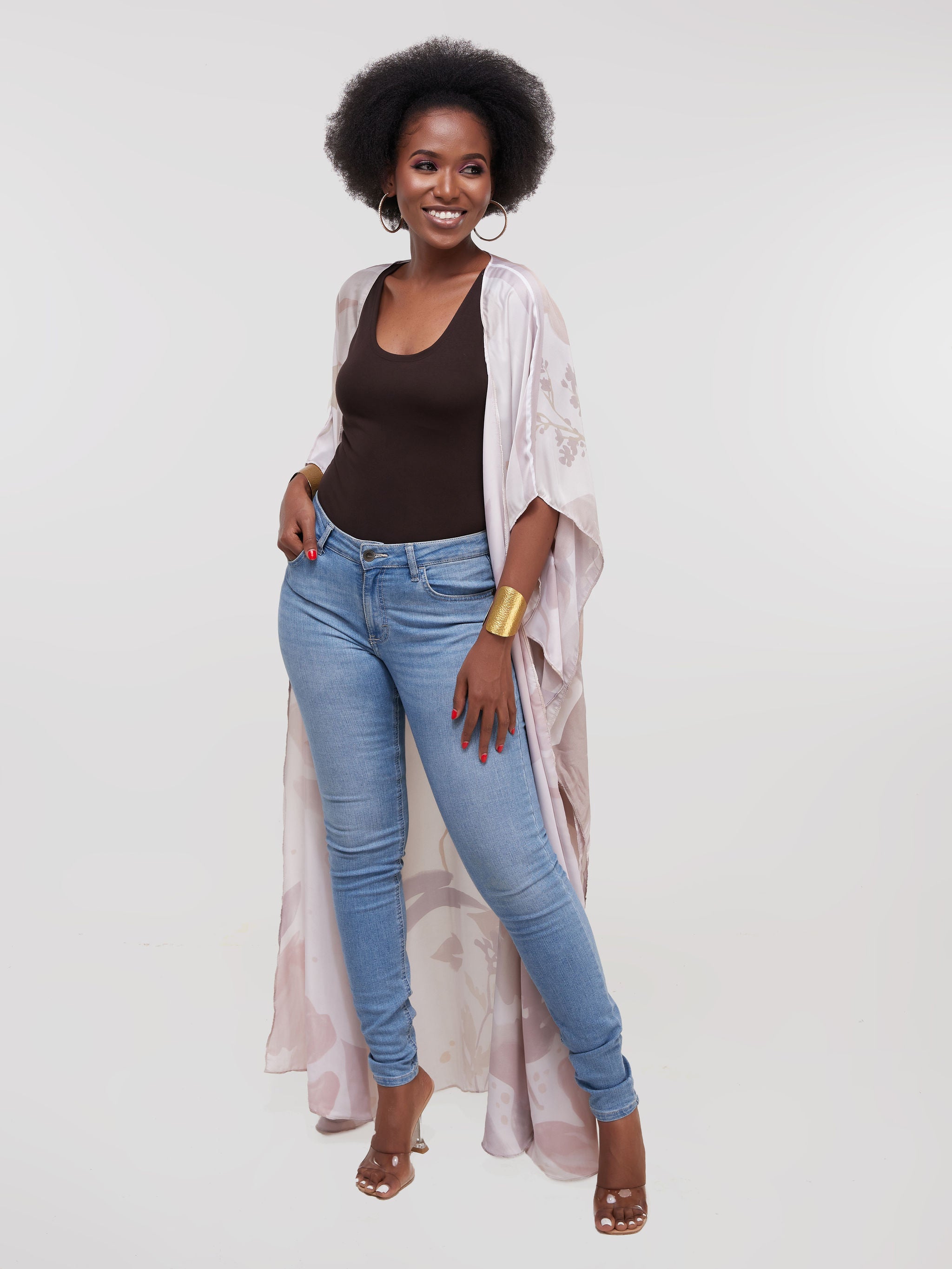 Vivo Diani Satin Maxi Kimono - Buttermilk Print