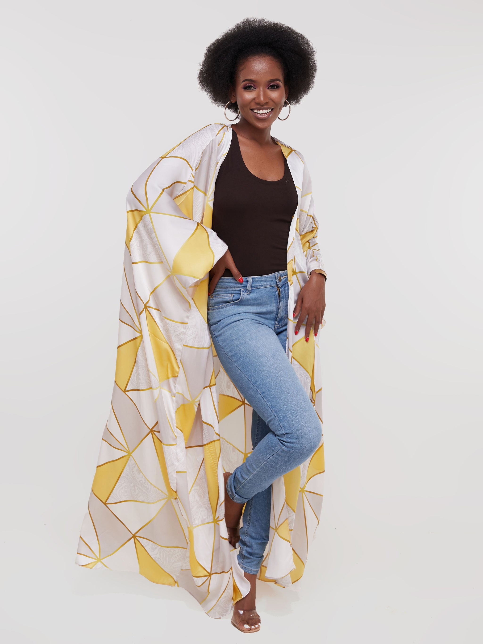 Vivo Muna Satin Kimono - Buttermilk Geometric Print