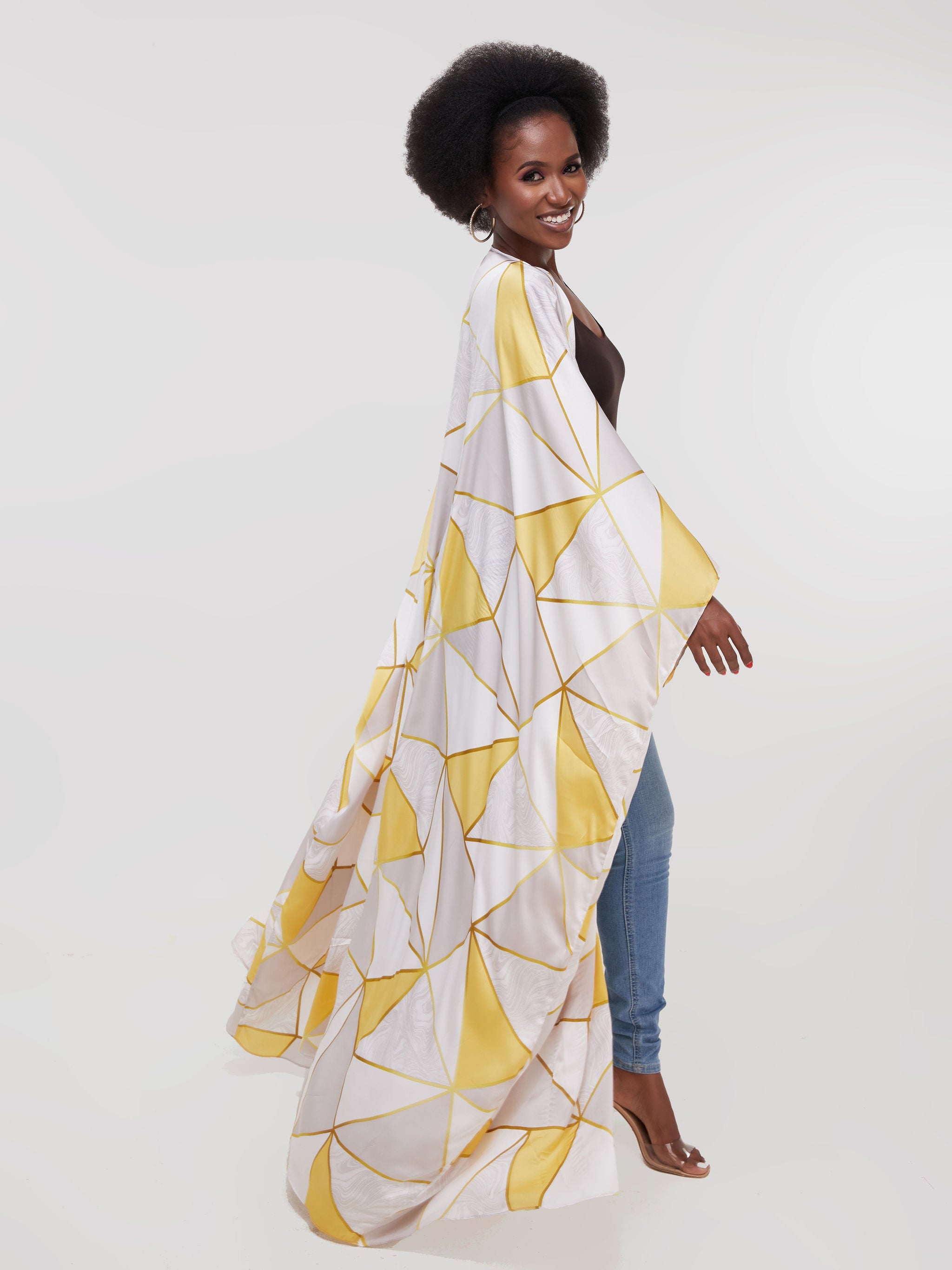 Vivo Muna Satin Kimono - Buttermilk Geometric Print