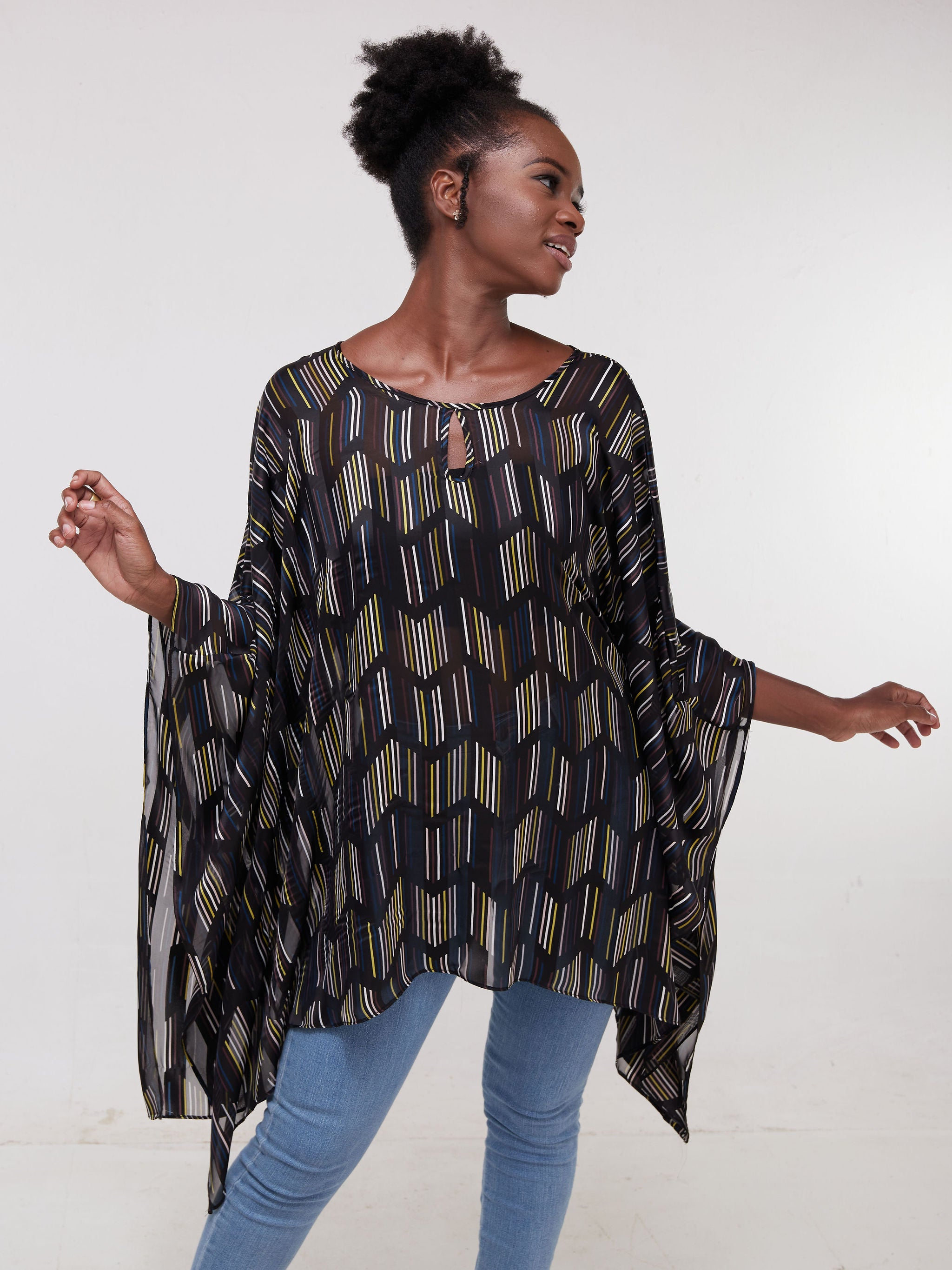 Vivo Sierra Tunic Kaftan Top -Black / Stripped Print