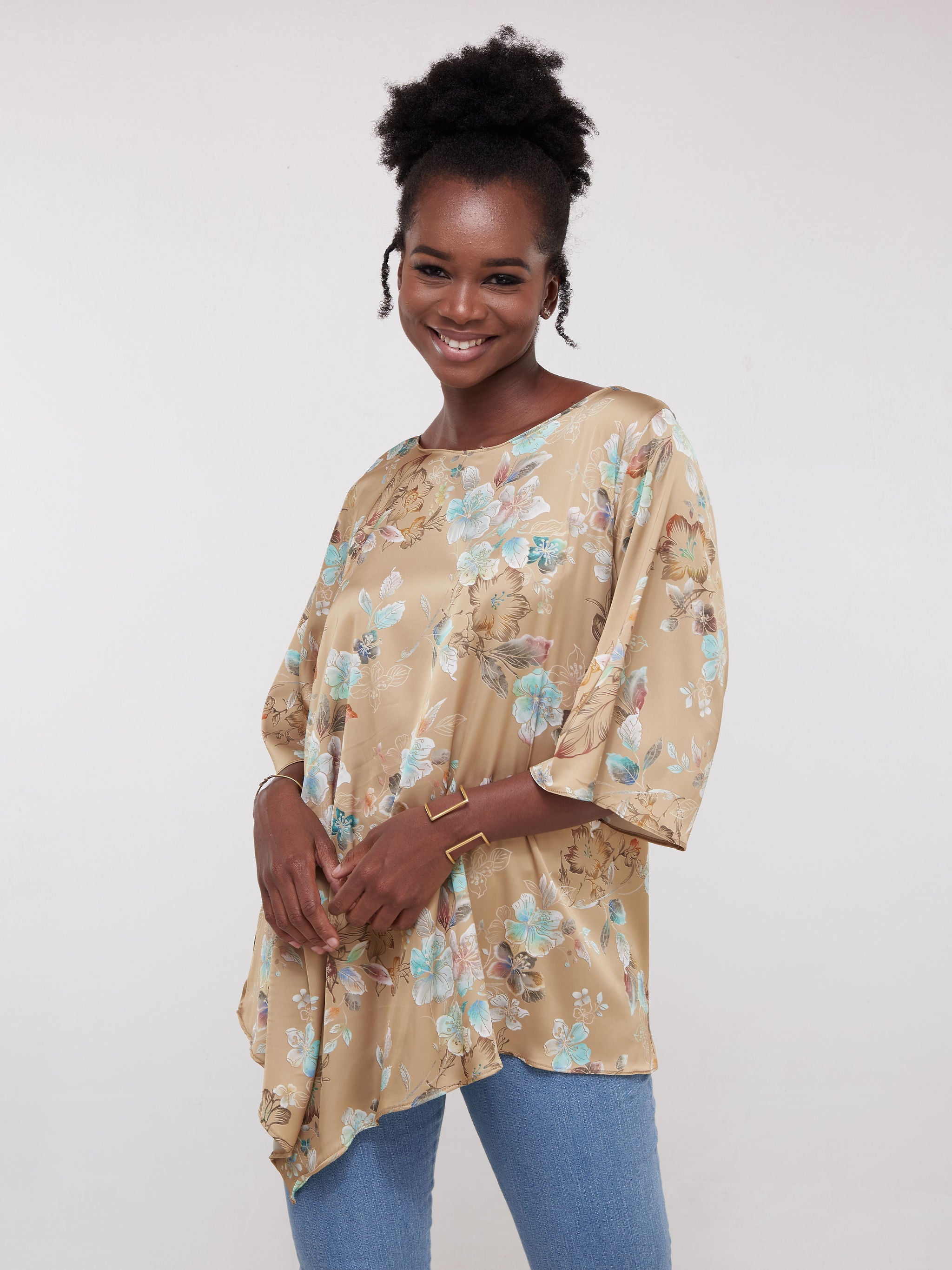 Vivo Asymmetric Angel Satin Top - Brown / Blue Print