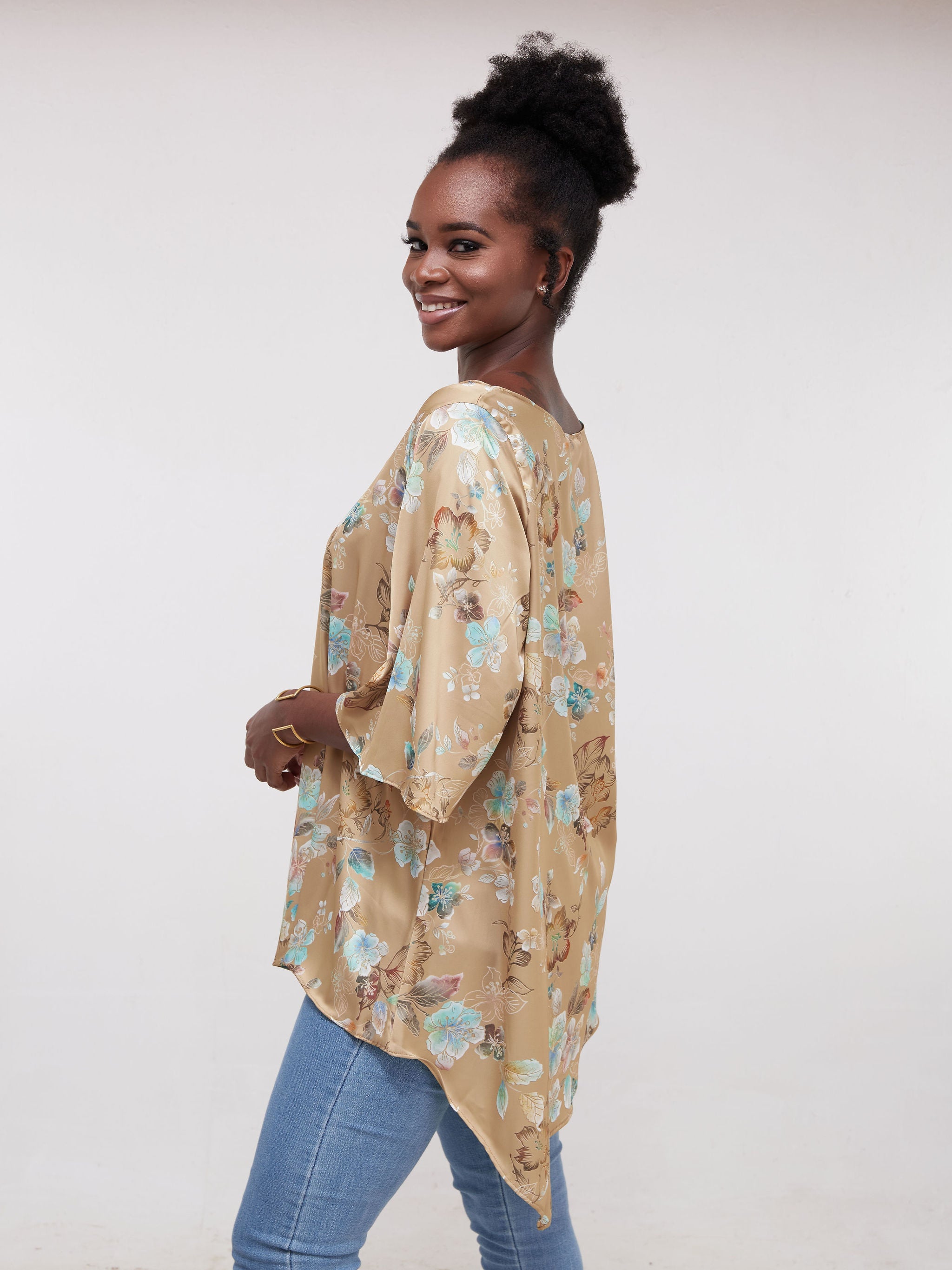 Vivo Asymmetric Angel Satin Top - Brown / Blue Print