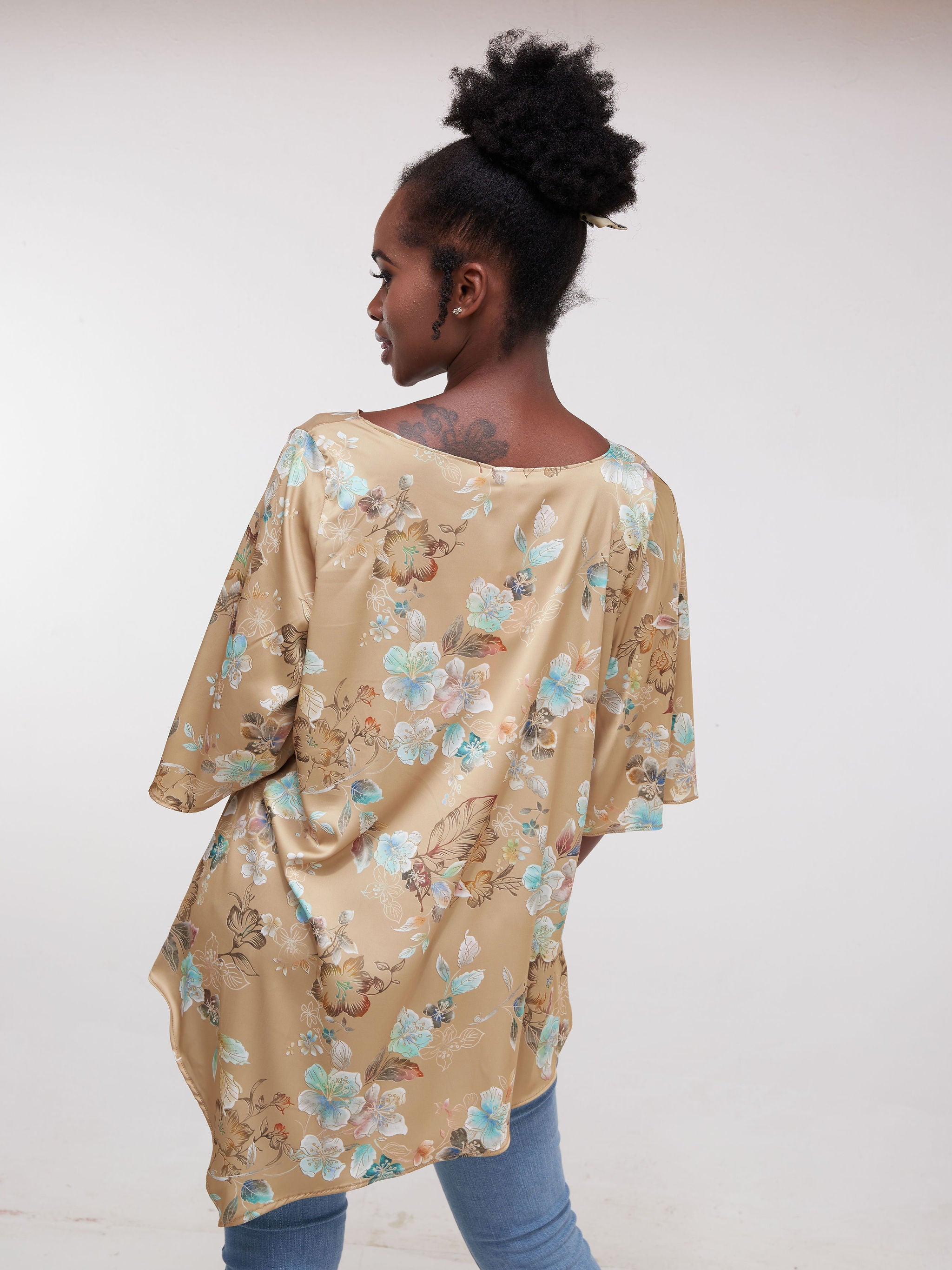 Vivo Asymmetric Angel Satin Top - Brown / Blue Print