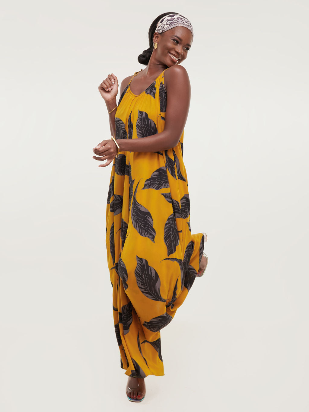 Safari Maisha Strappy Jumpsuit Cover up - Mustard / Grey Print