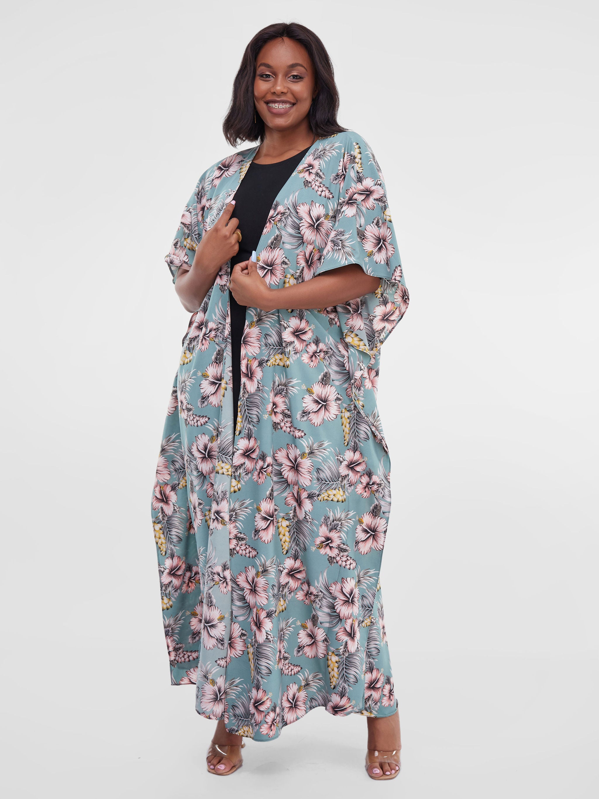 Safari Maisha Maxi Kimono Cover-Up - Green / Pink Print