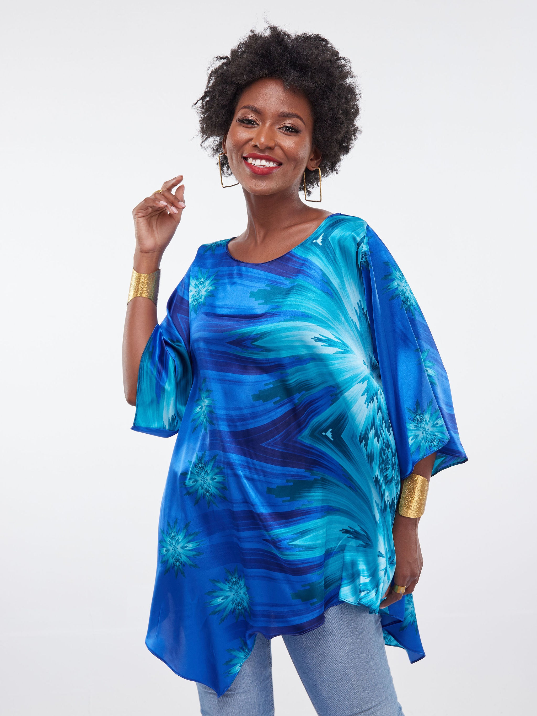 Vivo Asymmetric Angel Satin Top - Blue / Teal Print