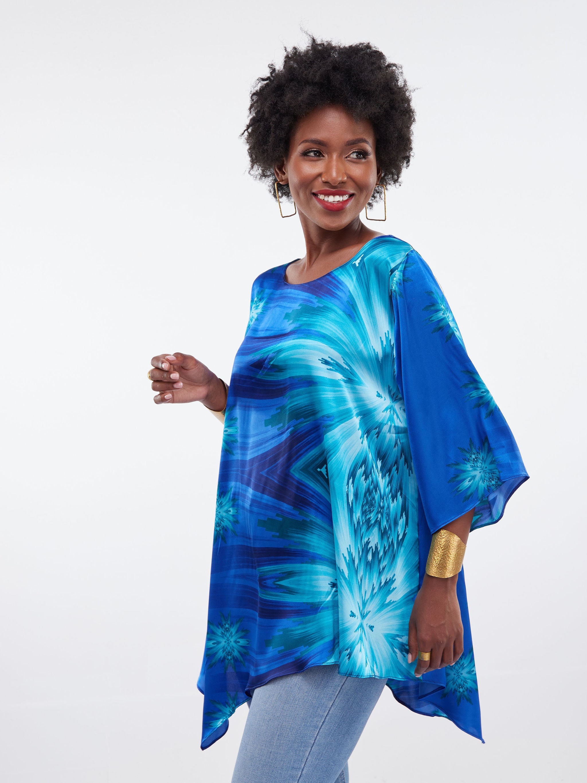 Vivo Asymmetric Angel Satin Top - Blue / Teal Print