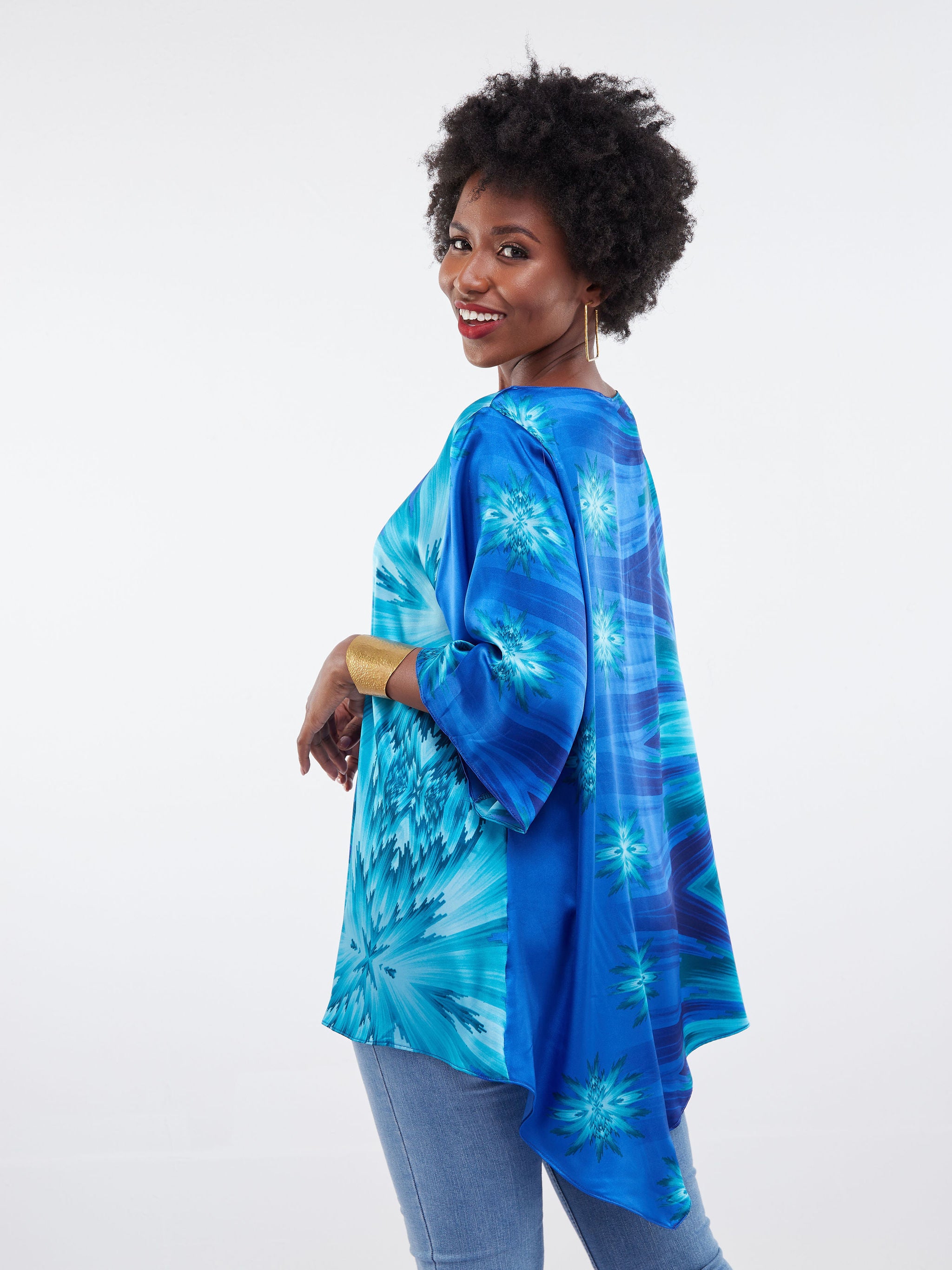 Vivo Asymmetric Angel Satin Top - Blue / Teal Print