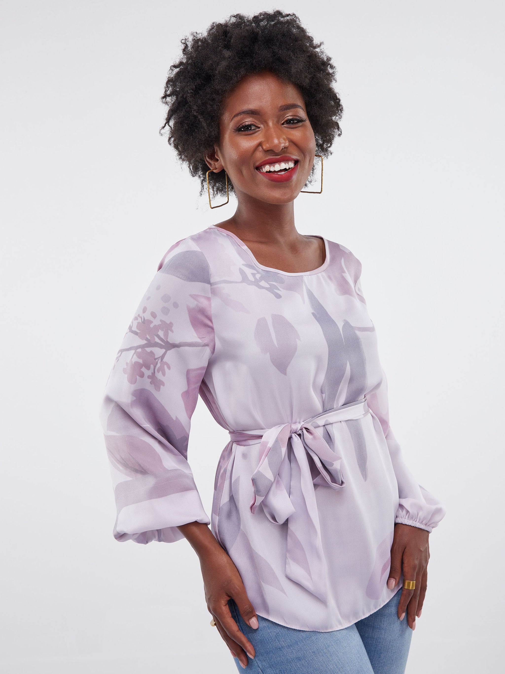 Vivo Basic Satin Bishop Sleeved Top - Light Purple Print