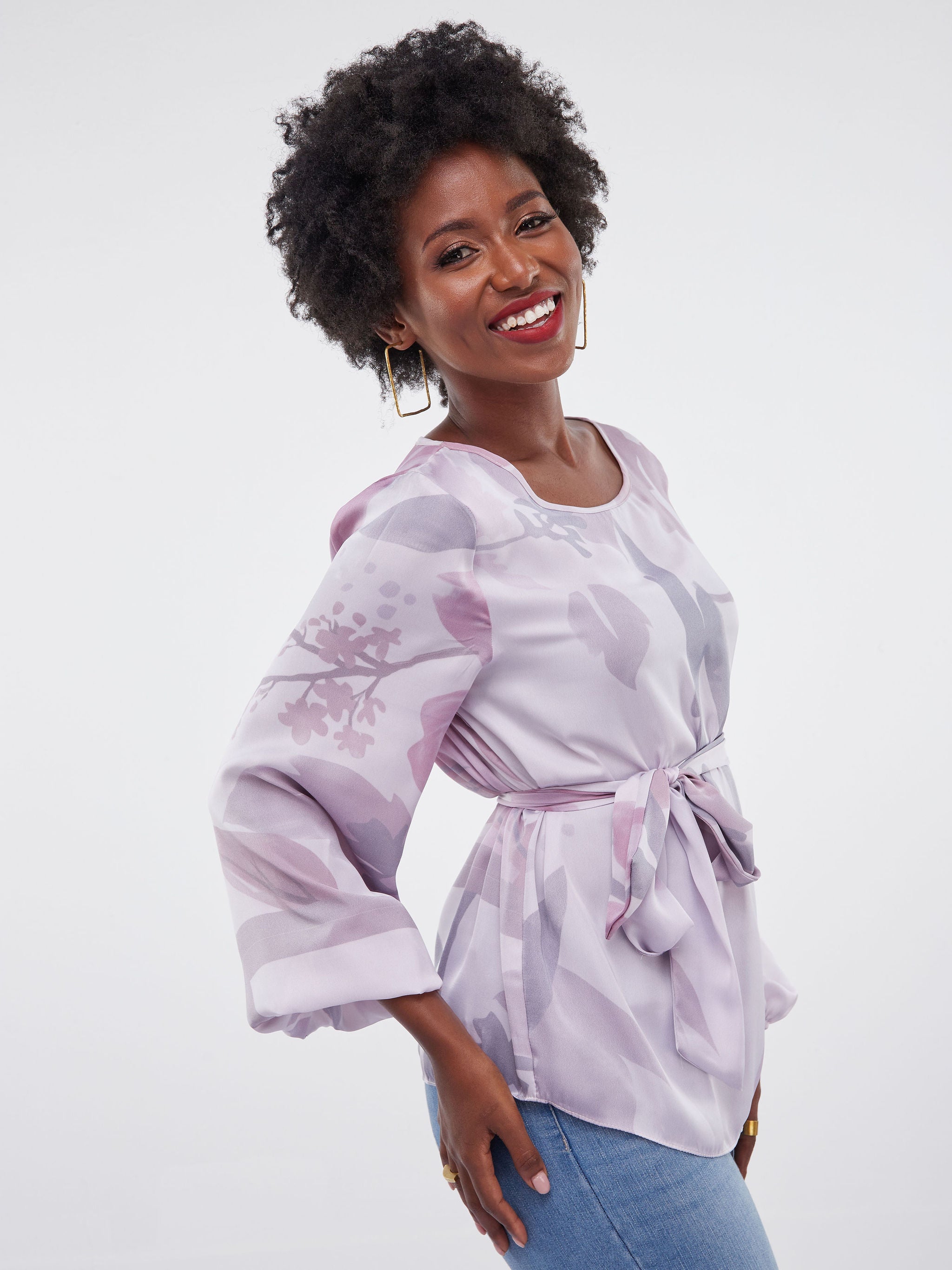 Vivo Basic Satin Bishop Sleeved Top - Light Purple Print