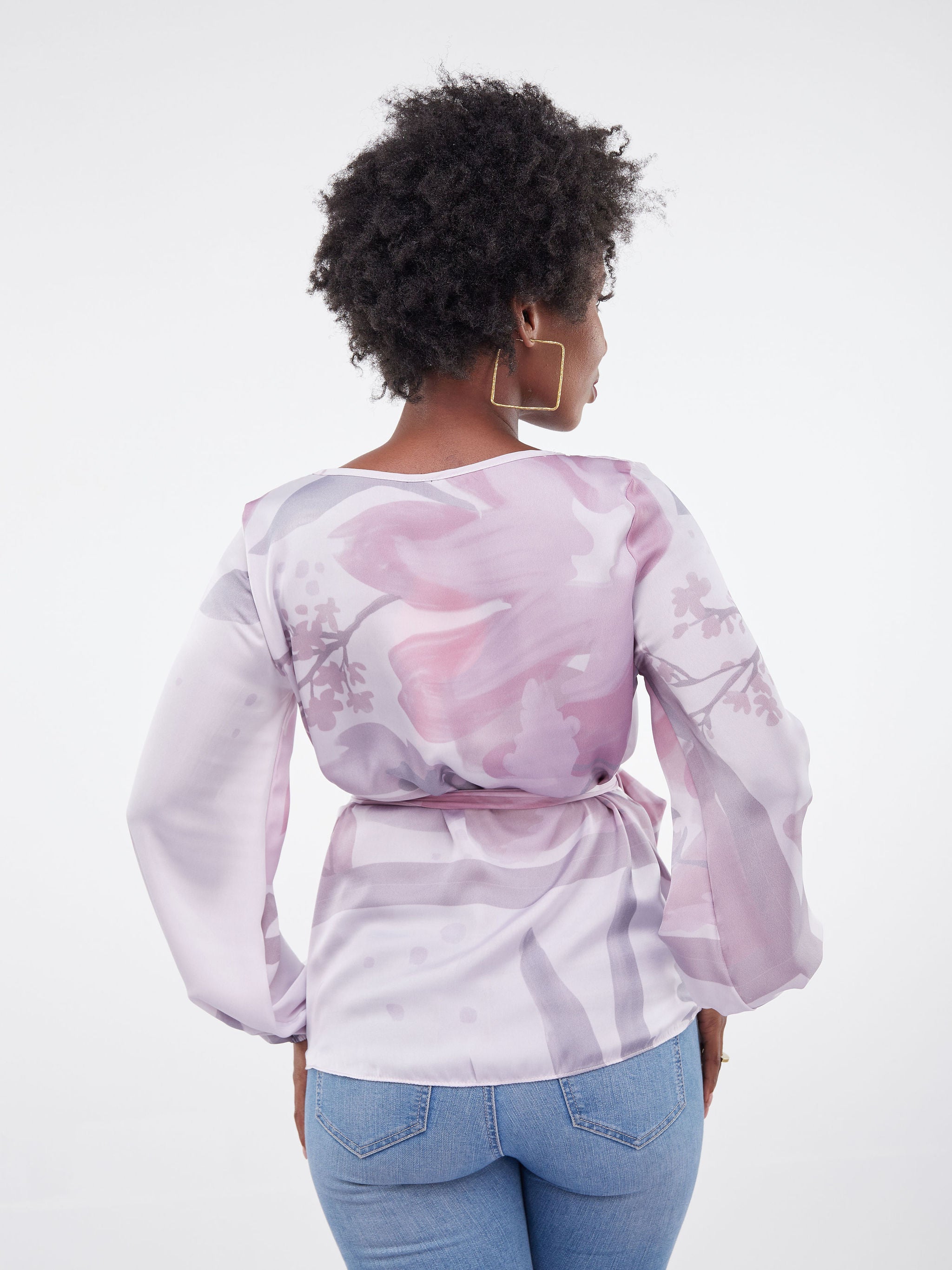 Vivo Basic Satin Bishop Sleeved Top - Light Purple Print