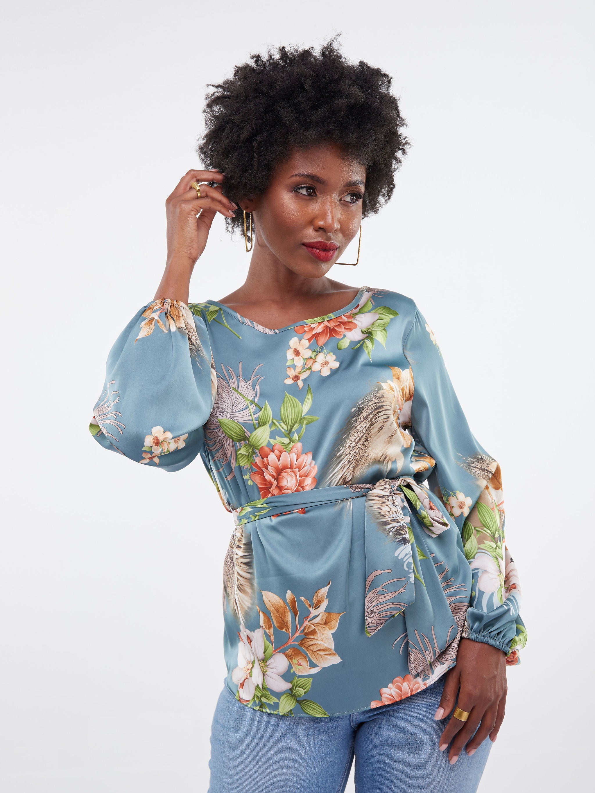 Vivo Basic Satin Bishop Sleeved Top - Green Floral Print