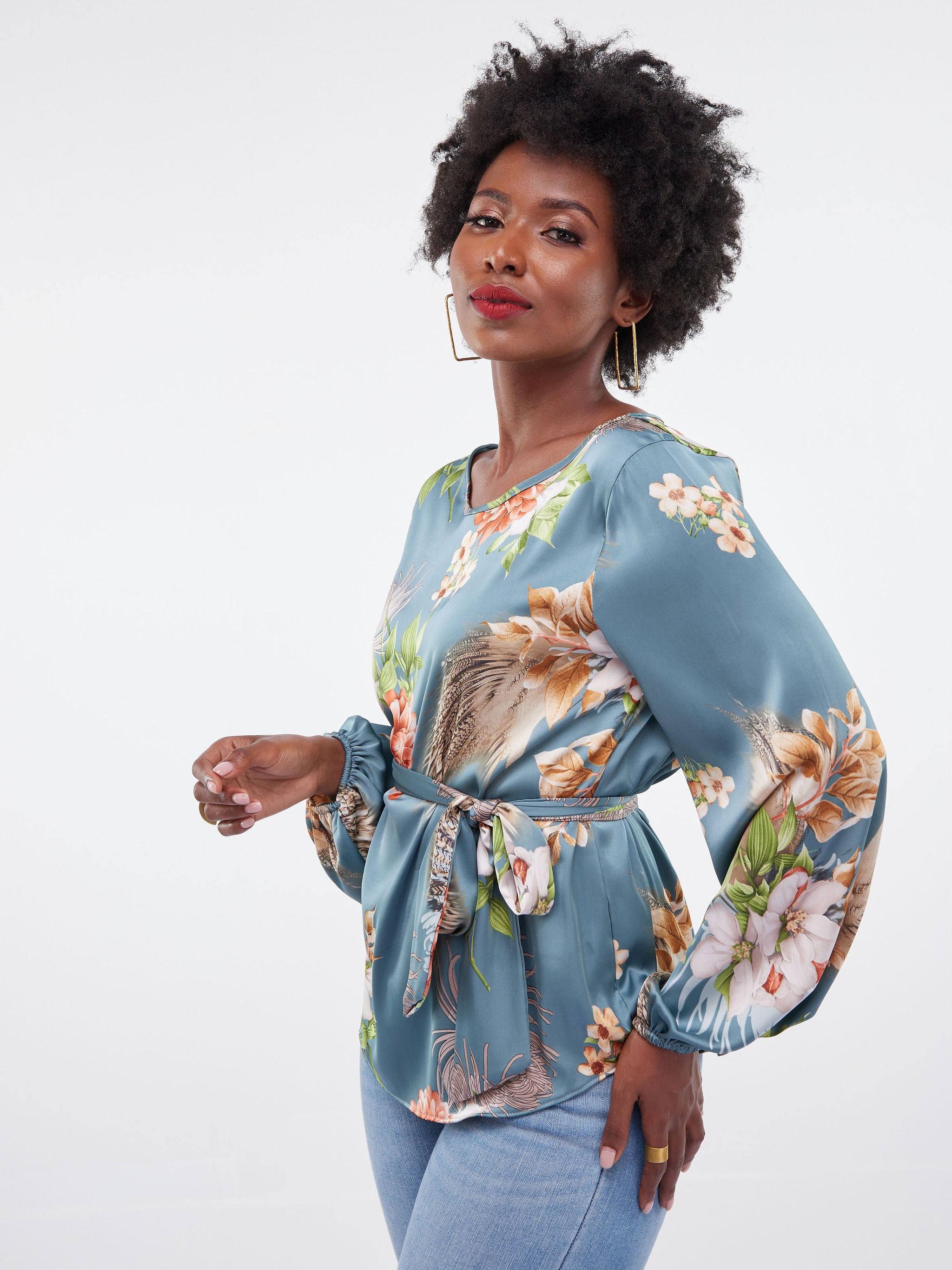 Vivo Basic Satin Bishop Sleeved Top - Green Floral Print