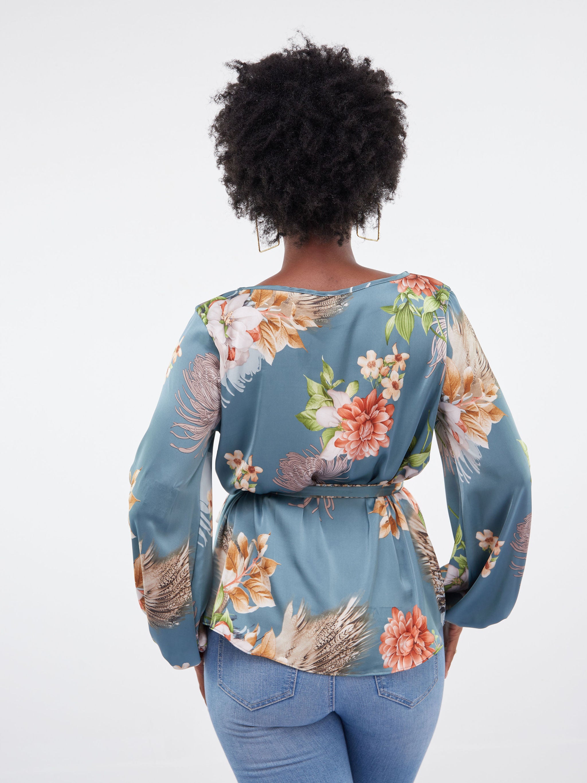 Vivo Basic Satin Bishop Sleeved Top - Green Floral Print