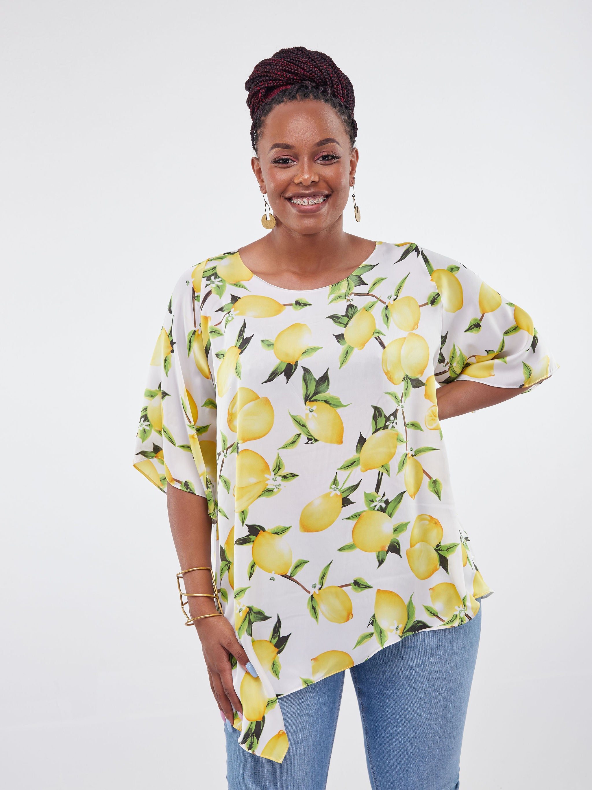 Vivo Asymmetric Angel Satin Top - Green Print