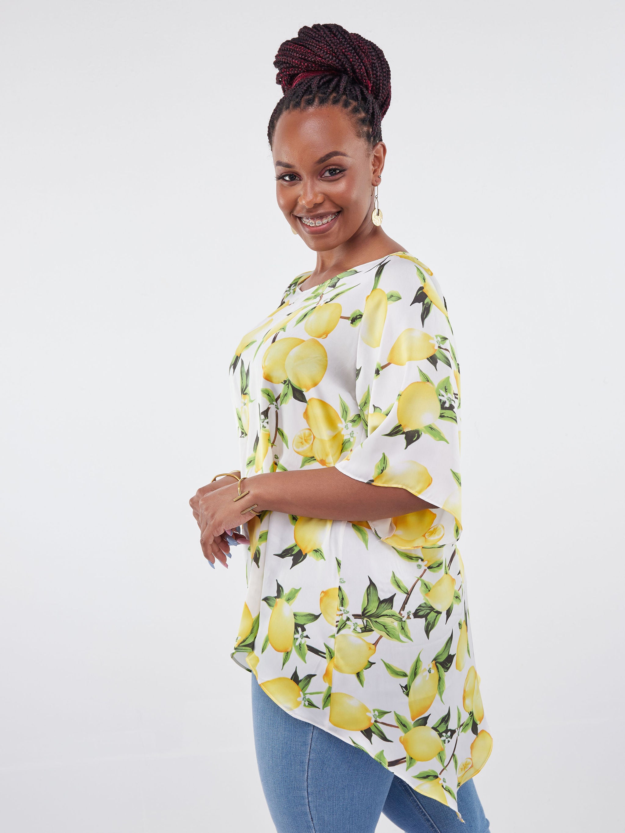 Vivo Asymmetric Angel Satin Top - Green Print