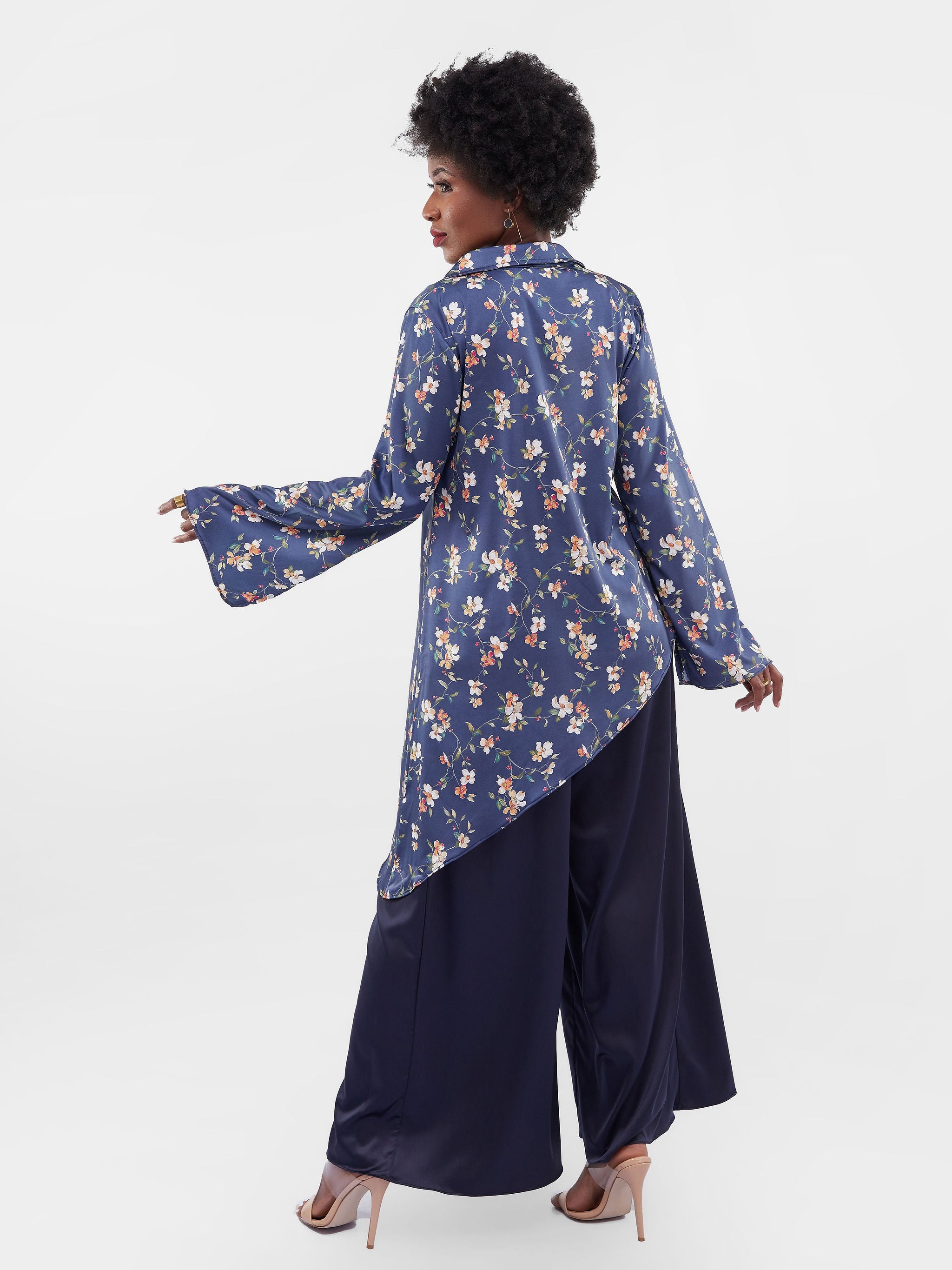 Vivo Jamila Asymmetrical Shirt Top - Navy Blue Print