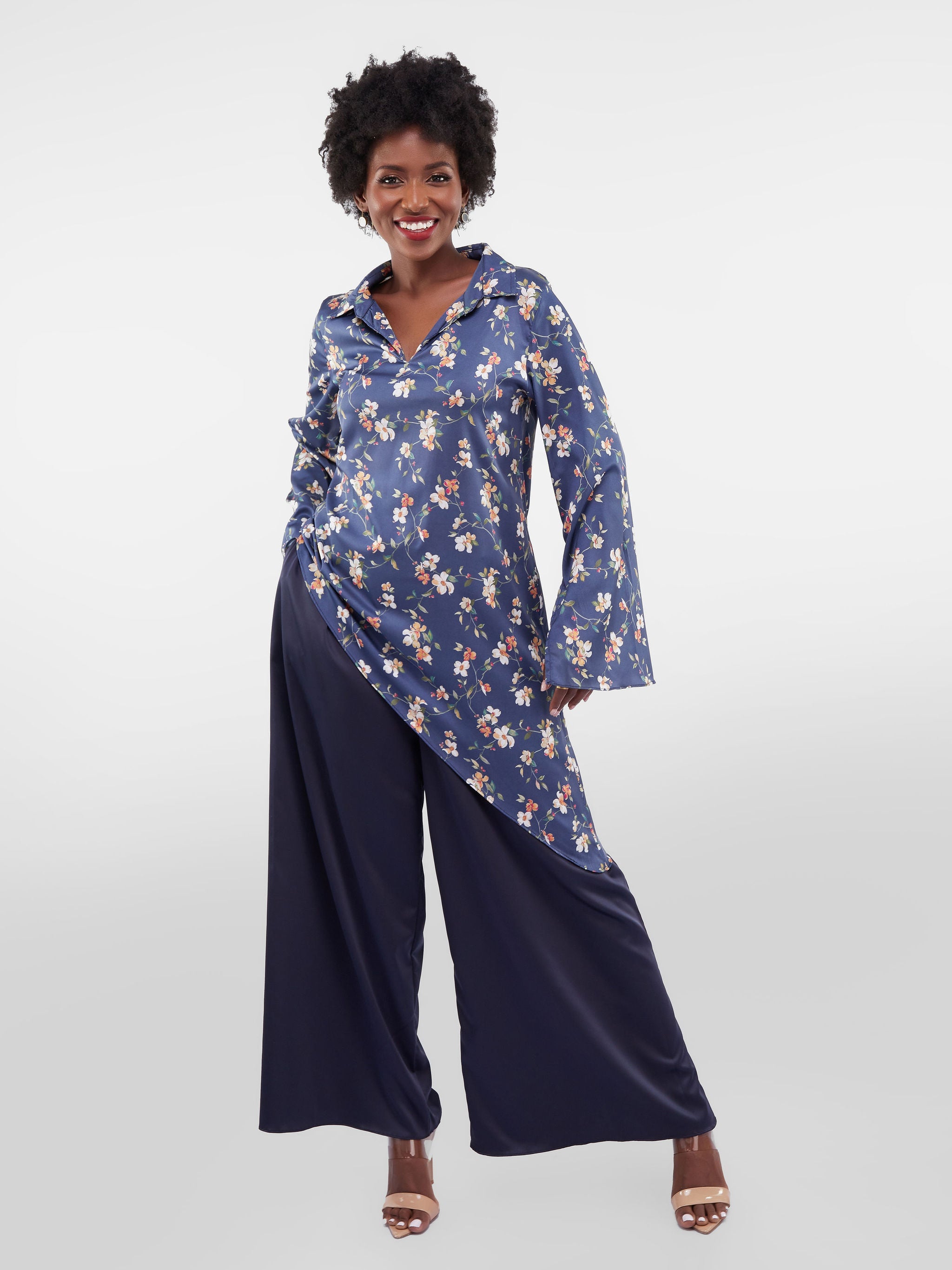 Vivo Jamila Asymmetrical Shirt Top - Navy Blue Floral Print