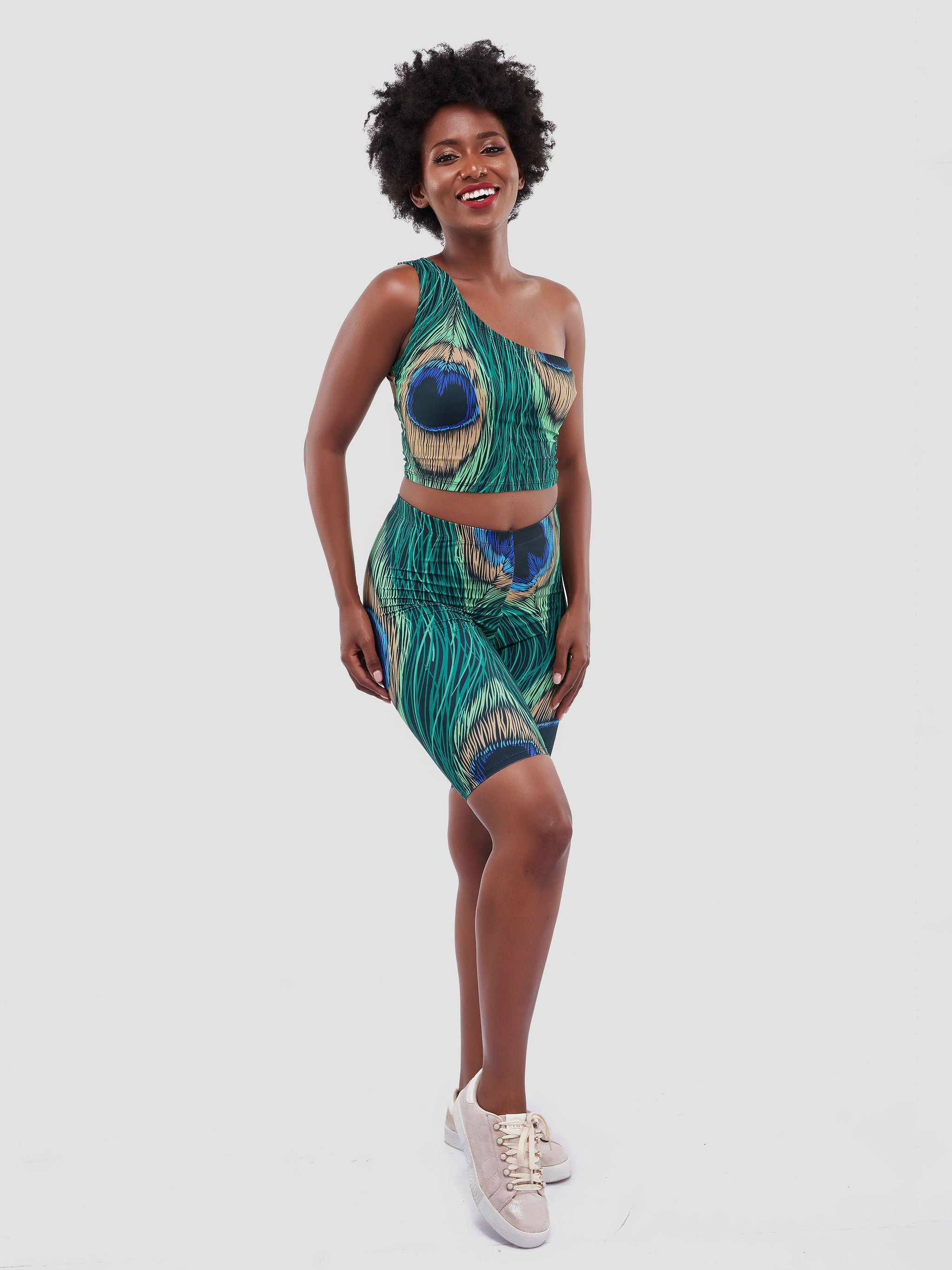 Zoya Athleisure One Shoulder Crop Top - Peacock Print