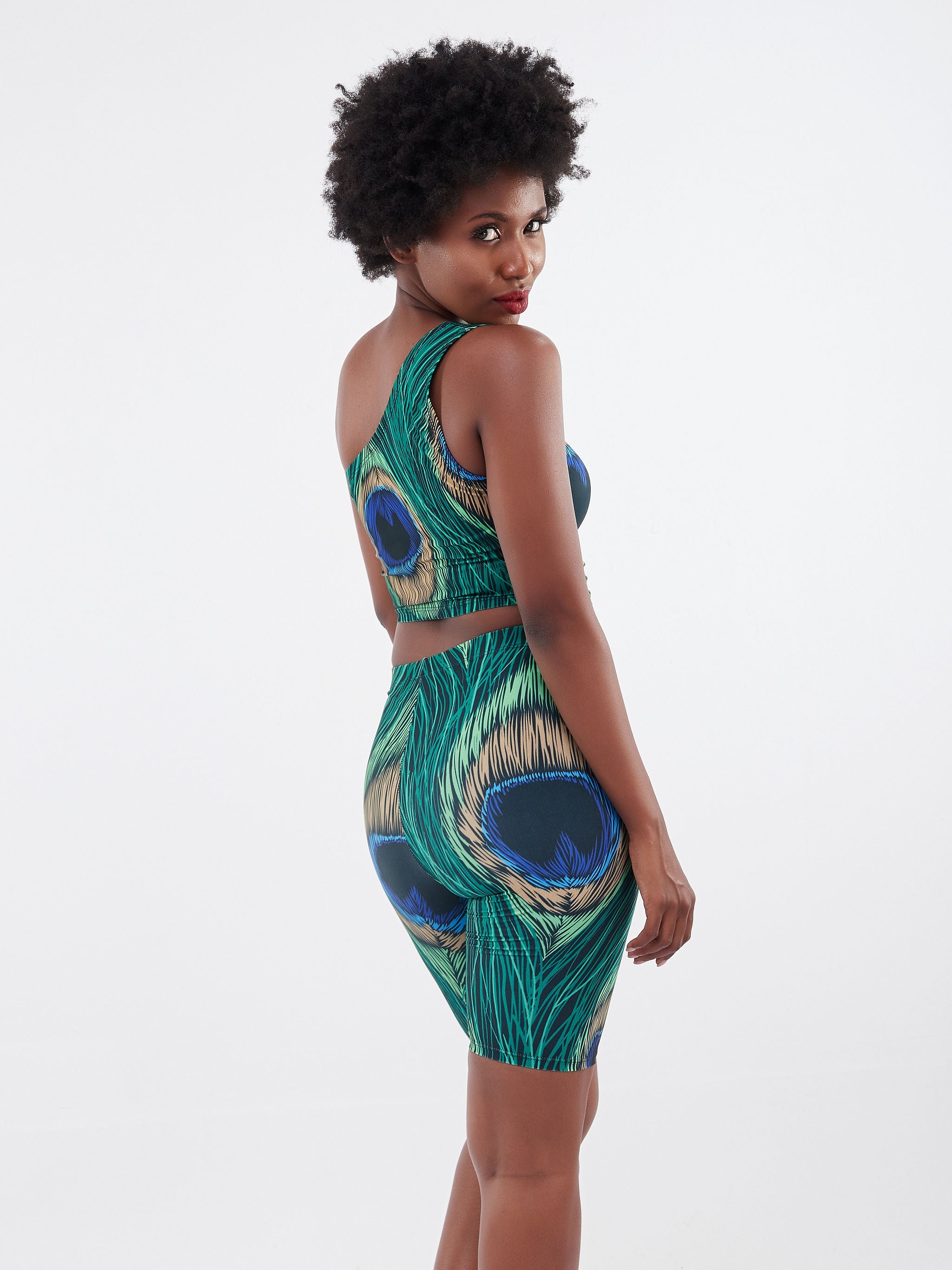 Zoya Athleisure One Shoulder Crop Top - Peacock Print