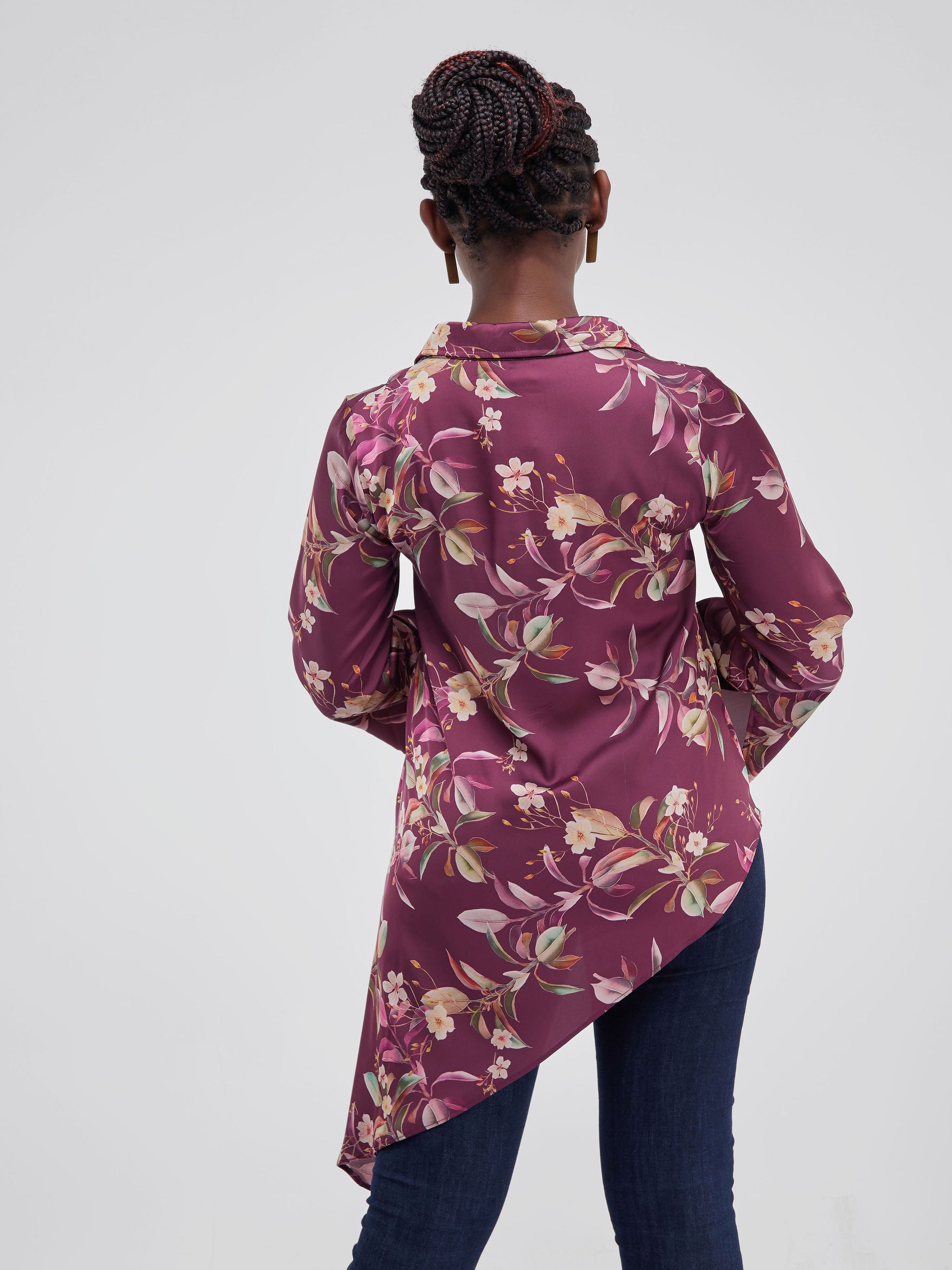 Vivo Jamila Asymmetrical Shirt Top - Maroon Floral Print