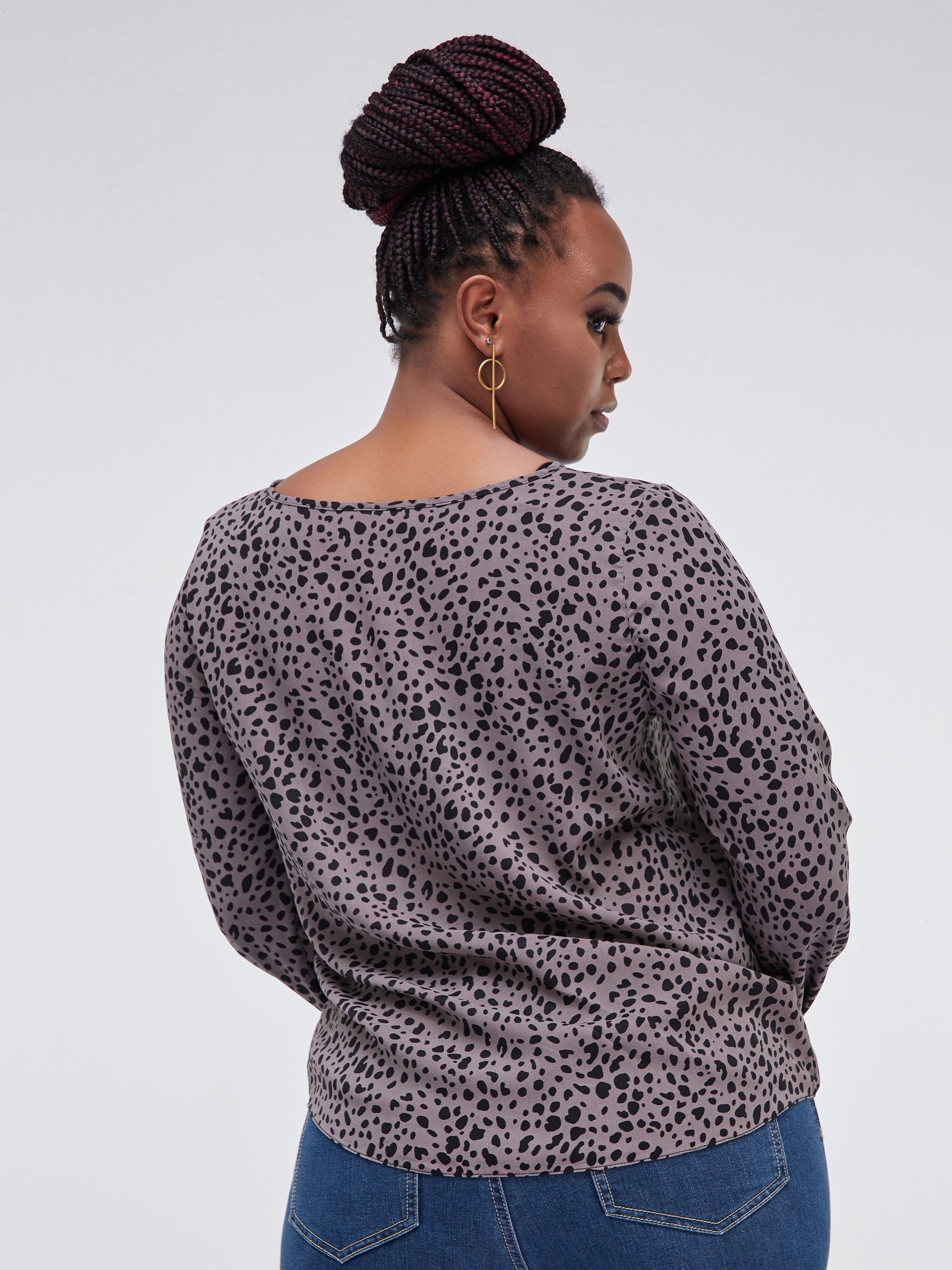 Safari Basic Bishop Sleeved Crepe Top - Grey / Black Print