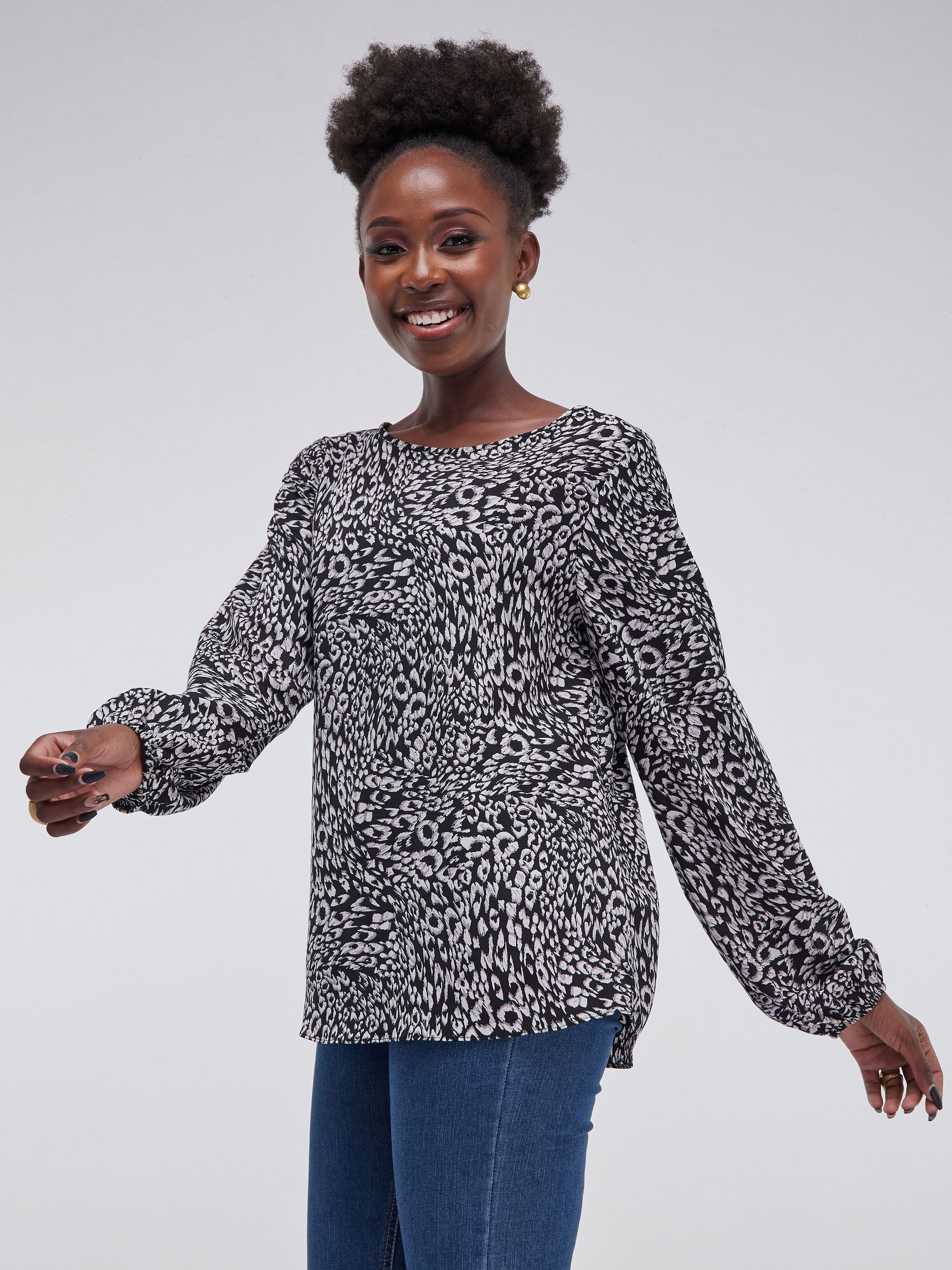 Safari Basic Bishop Sleeved Crepe Top - Black / White Print