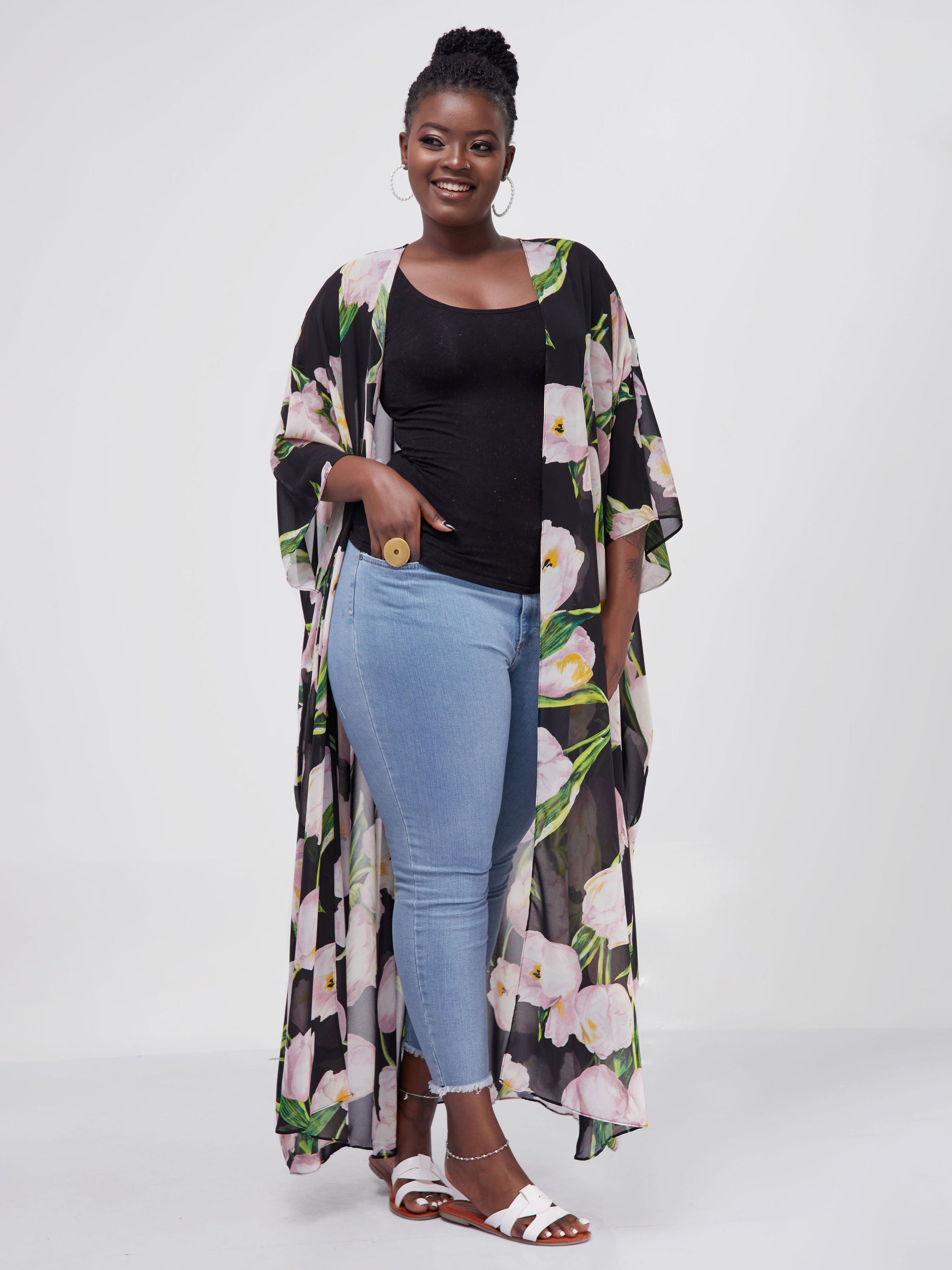 Vivo Muna Chiffon Kimono - Black / Pink Floral Print